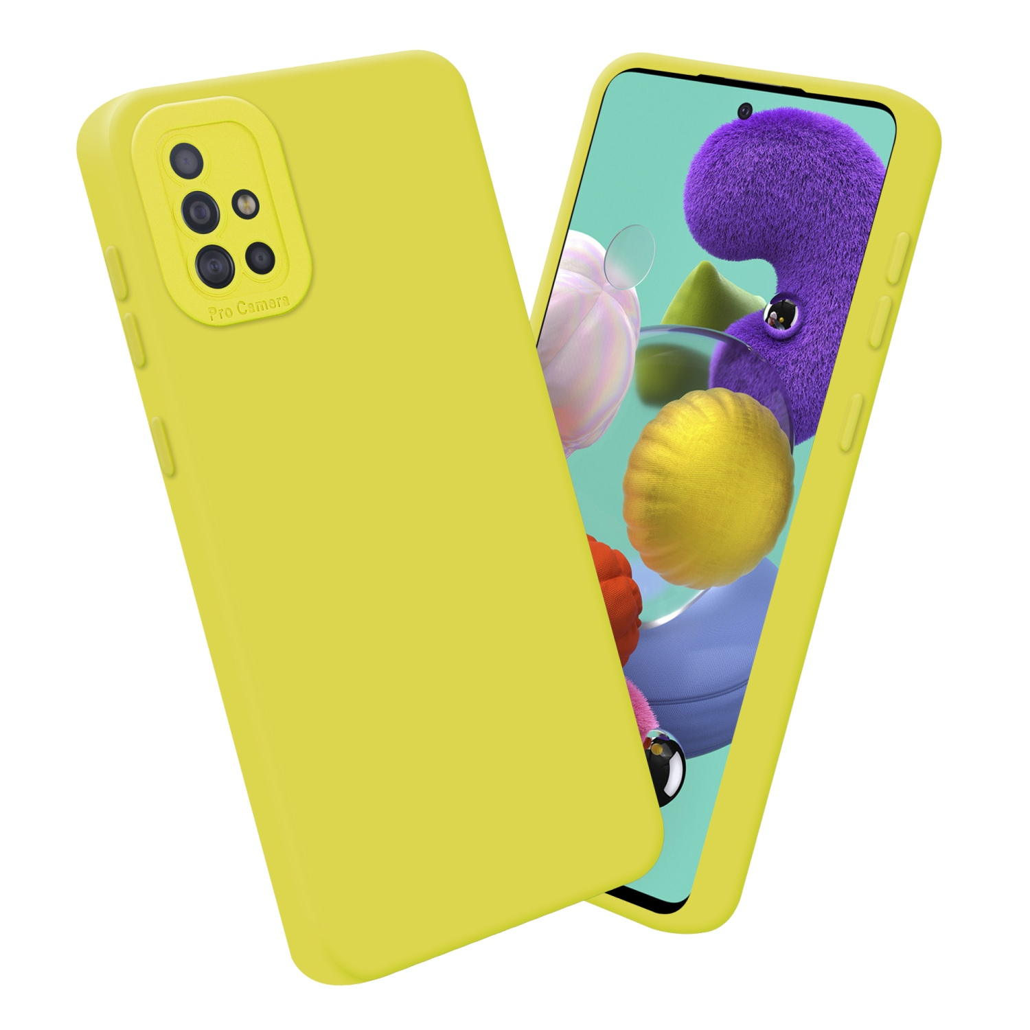 Gelbe Handyhülle mit Telefon. Weißer Hintergrund.