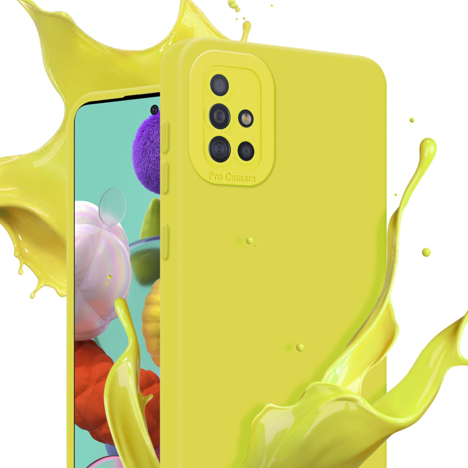 Eine gelbe Handyhülle und ein Telefon. Auf dem Telefon ist ein Farbspritzer zu sehen.
