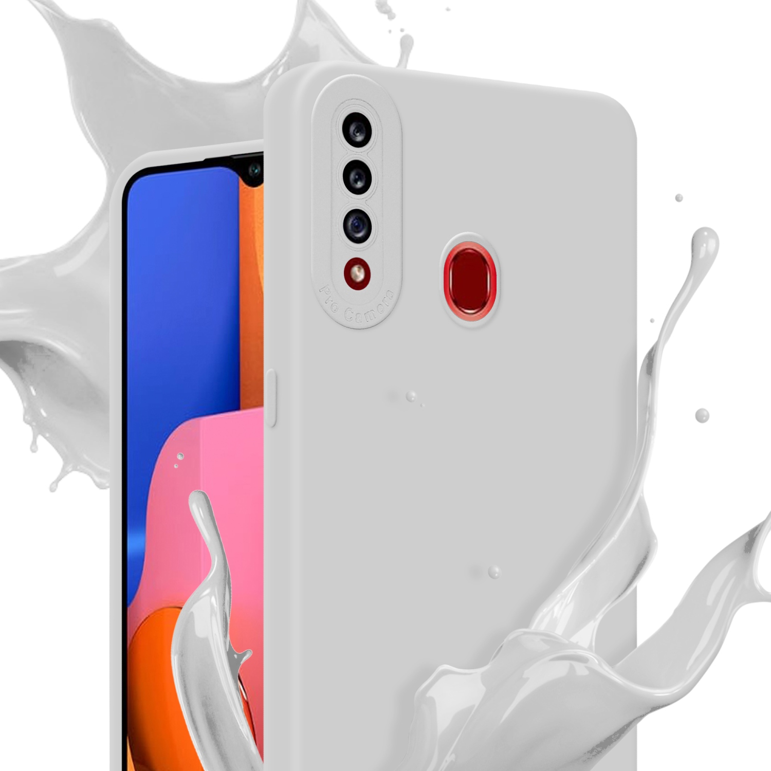 Custodia bianca con schizzi. Telefono parzialmente visibile. Quattro fotocamere e un punto rosso.