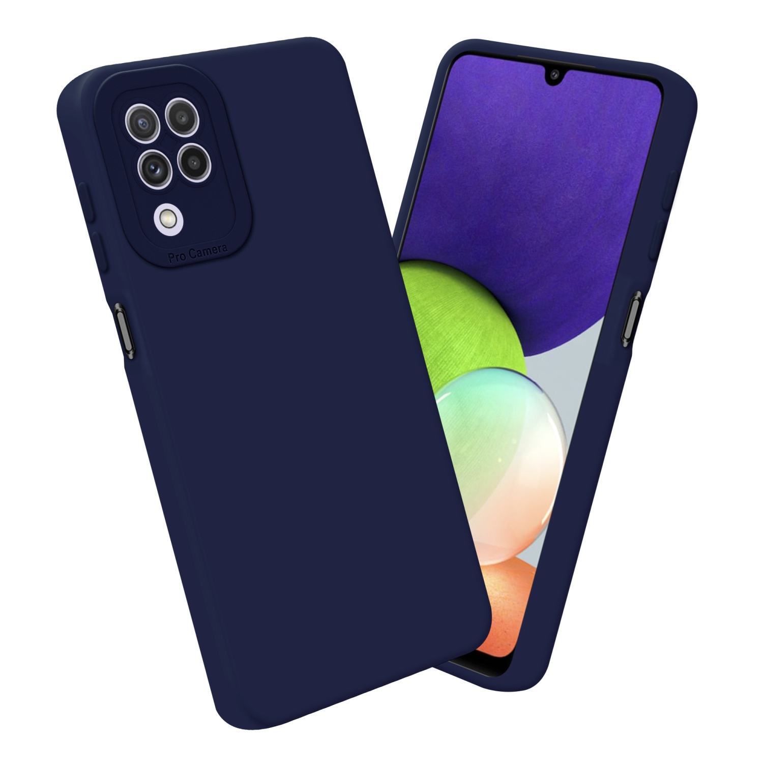 Zwei marineblaue Handyhüllen, die sowohl die Rückseite als auch die Vorderseite der Telefone zeigen.