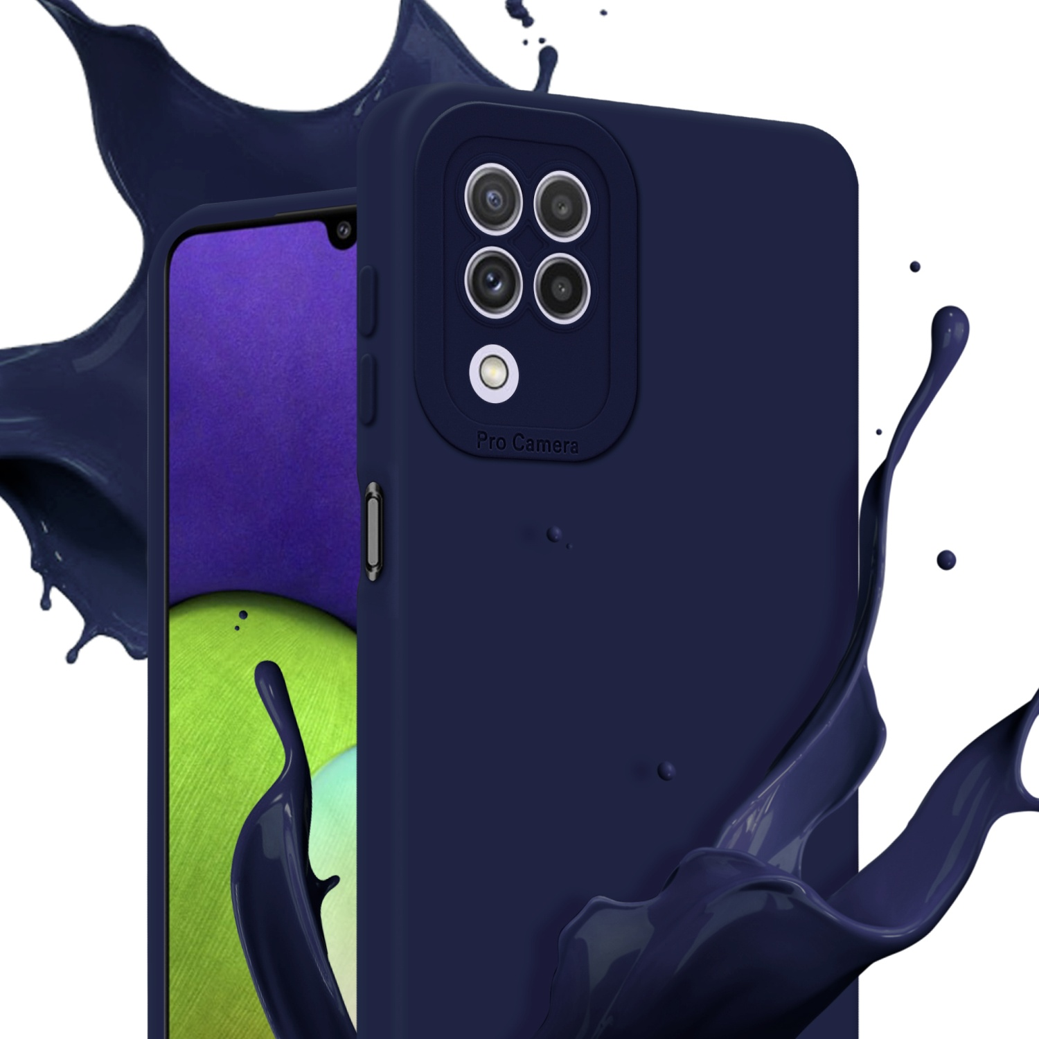 Dunkelblaue Handyhülle mit Spritzeffekt. Telefon ist in der Hülle, Kamera sichtbar.