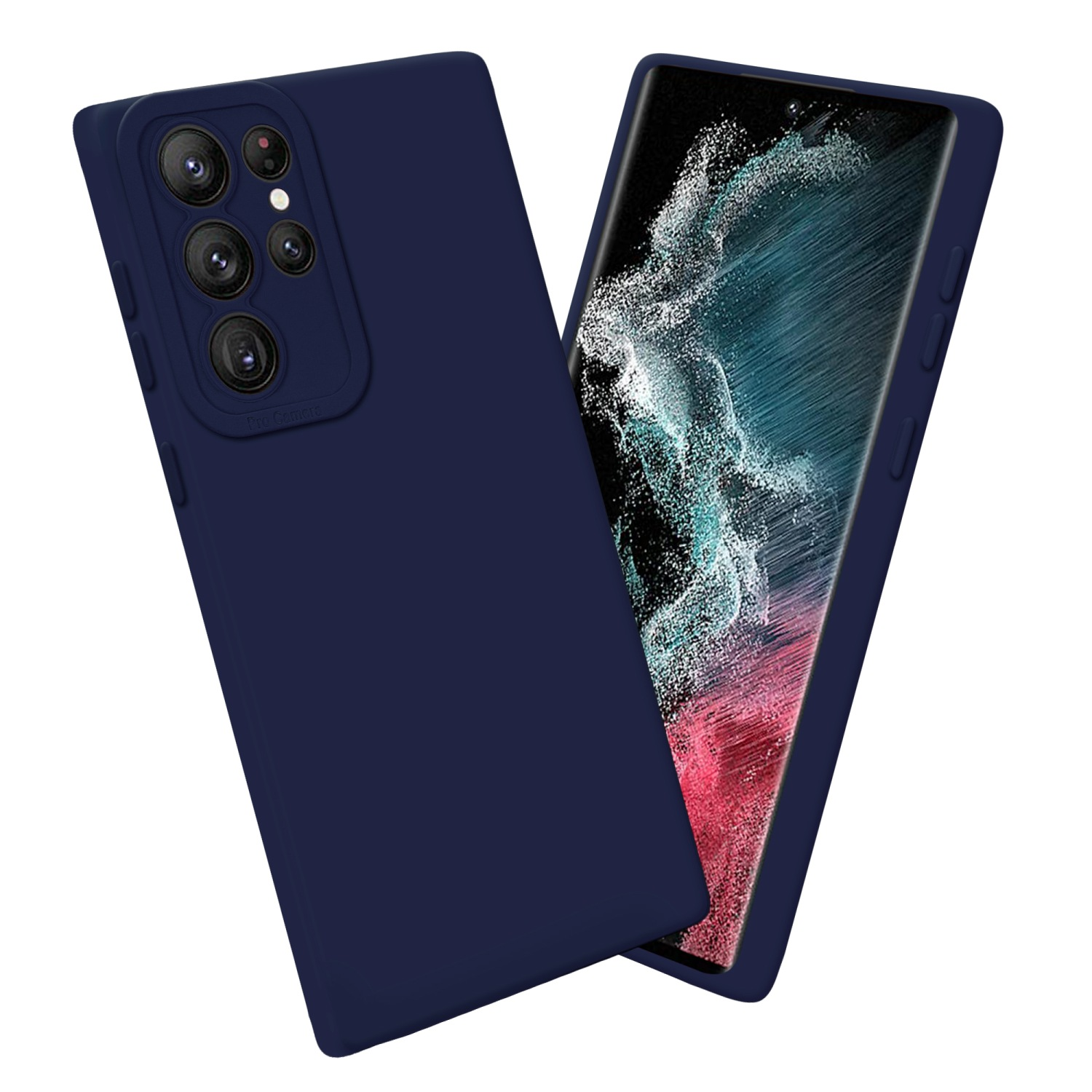 Deux coques de téléphone bleu foncé avec caméras. Une inclinée, l'autre avec un écran.