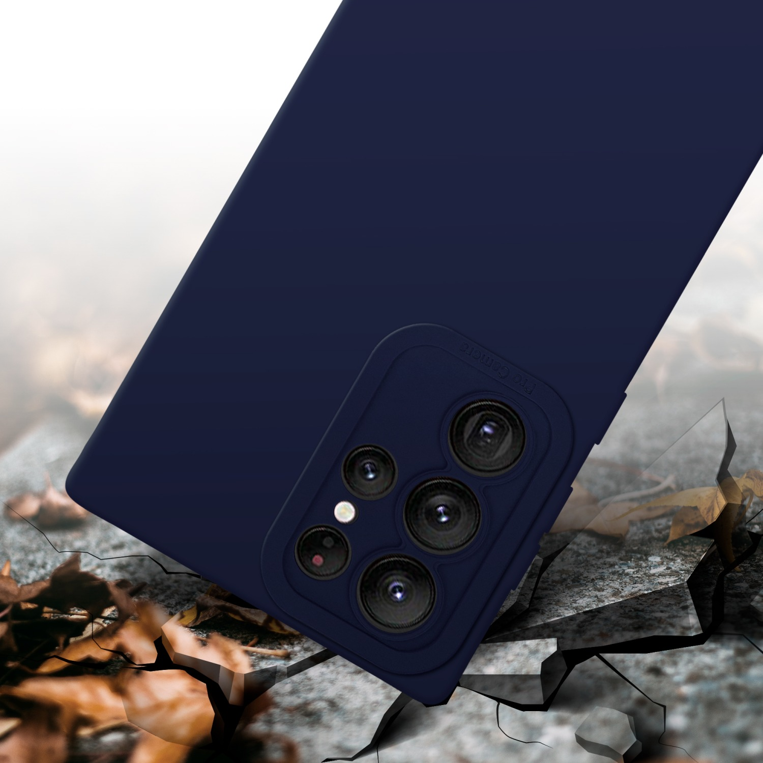 Coque de téléphone bleu foncé. Fond de pierre avec fissures.