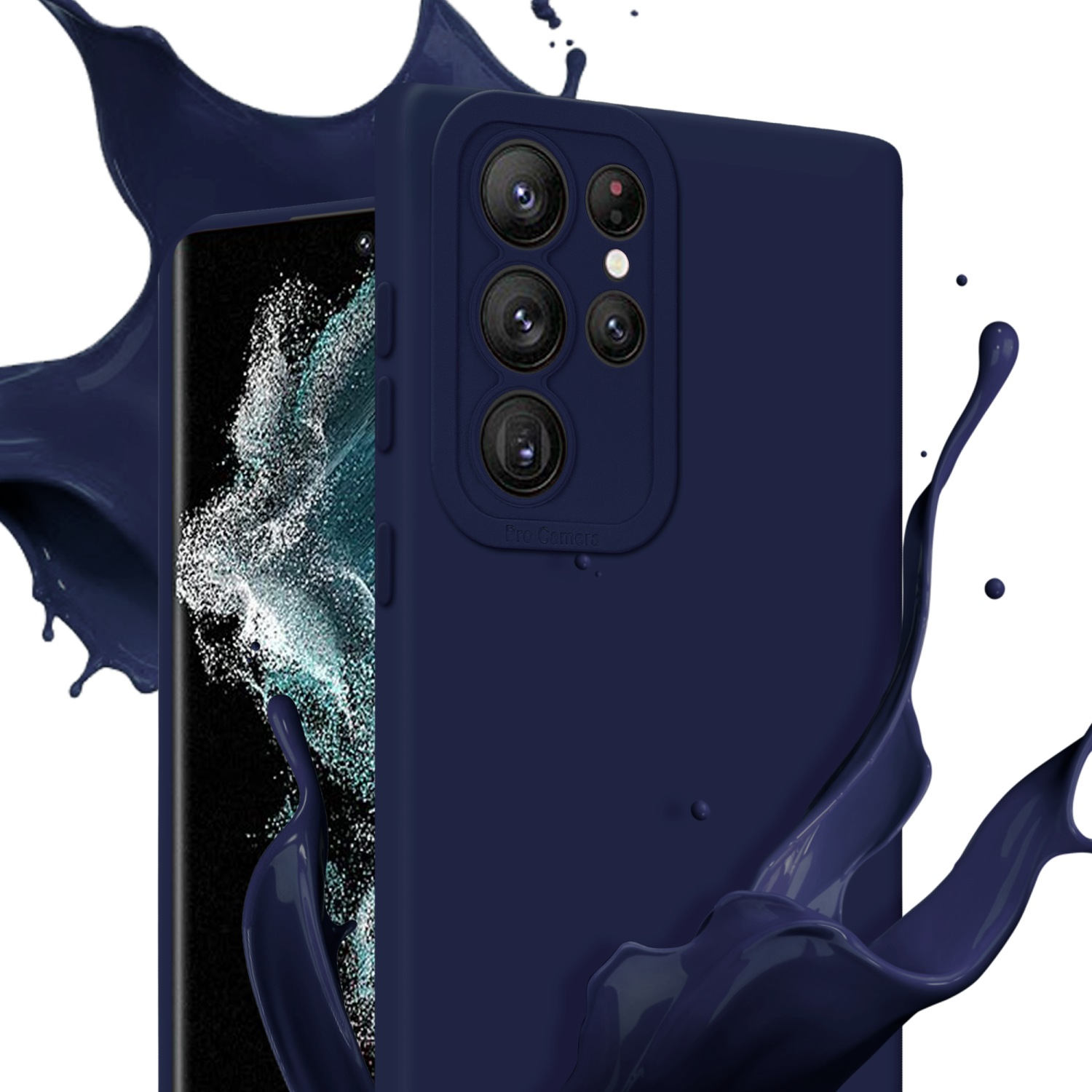 Un étui de téléphone bleu marine avec des objectifs d'appareil photo et un effet d'éclaboussure de peinture bleue.