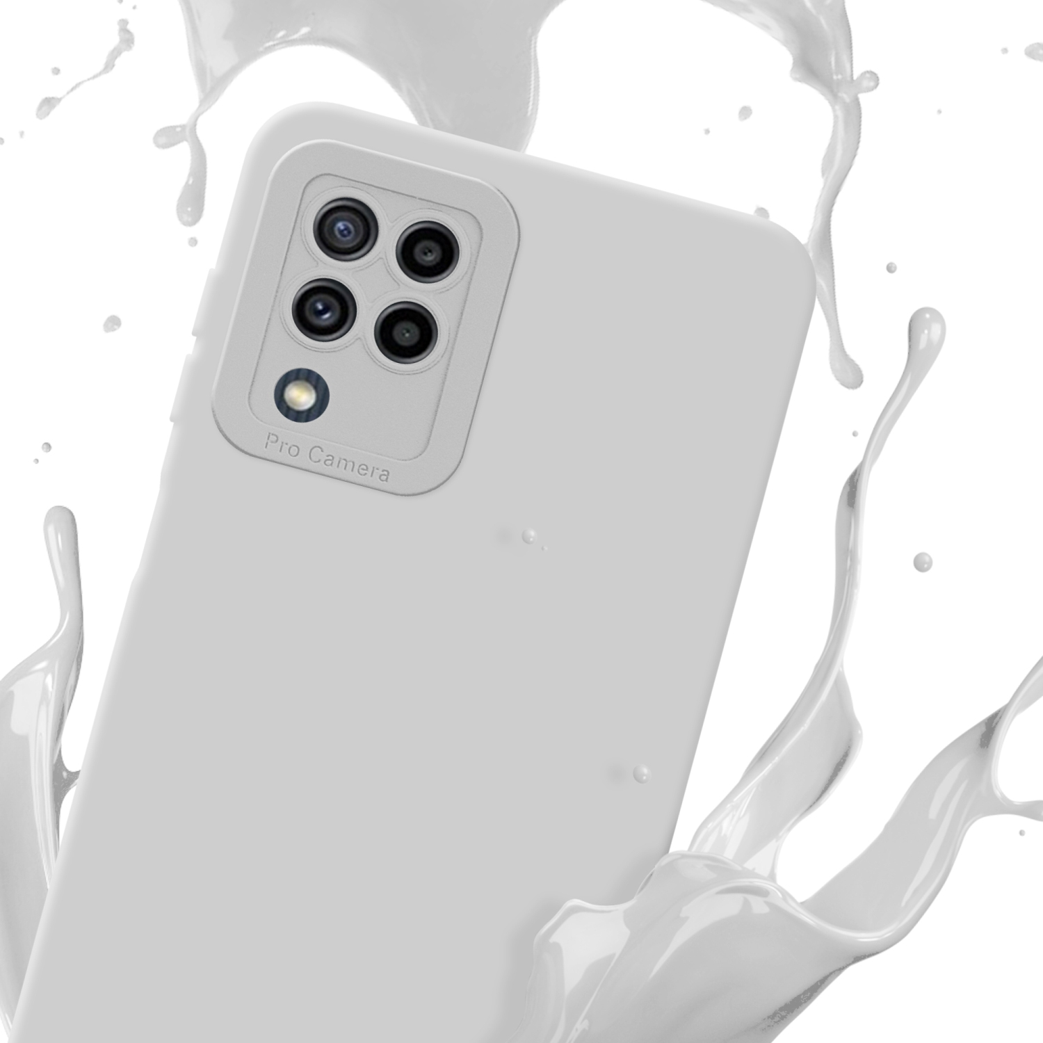 Custodia bianca per telefono con modulo fotocamera, schizzo di vernice bianca su sfondo bianco.