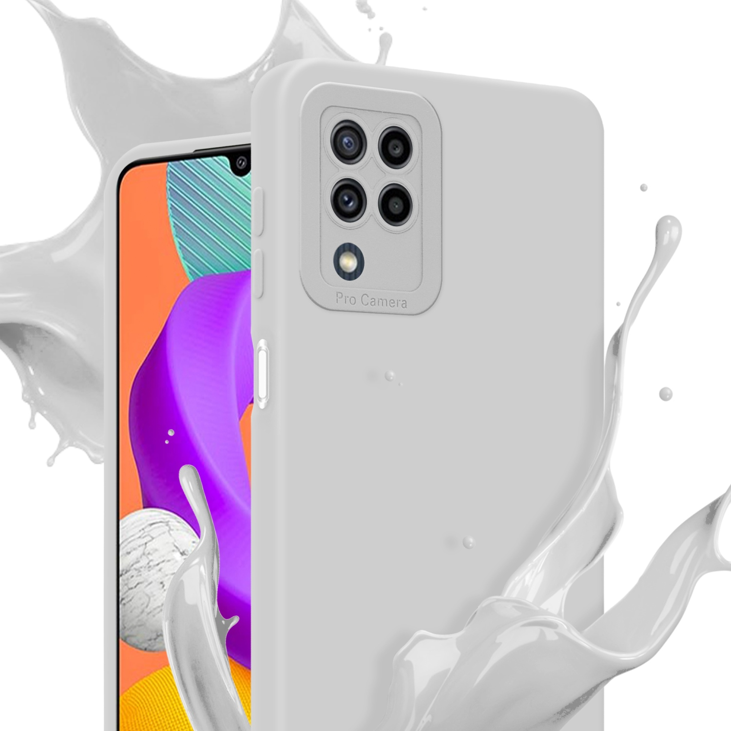 Custodia per telefono bianca con spruzzi di vernice, mostra la fotocamera e il design del telefono.