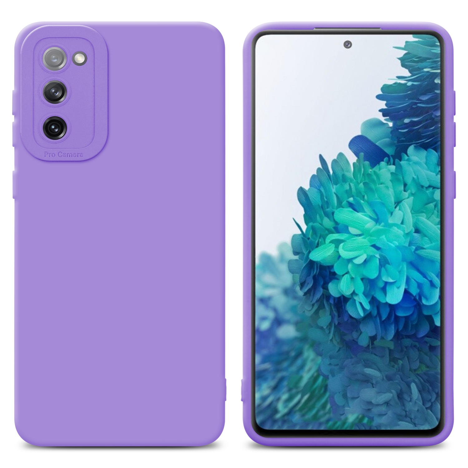 Custodia viola per telefono con telefono, fotocamera e schermo.