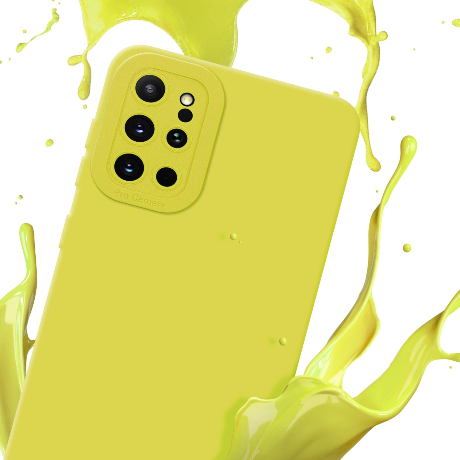 Una custodia per telefono gialla con lenti Pro Camera, con vernice gialla schizzata intorno.