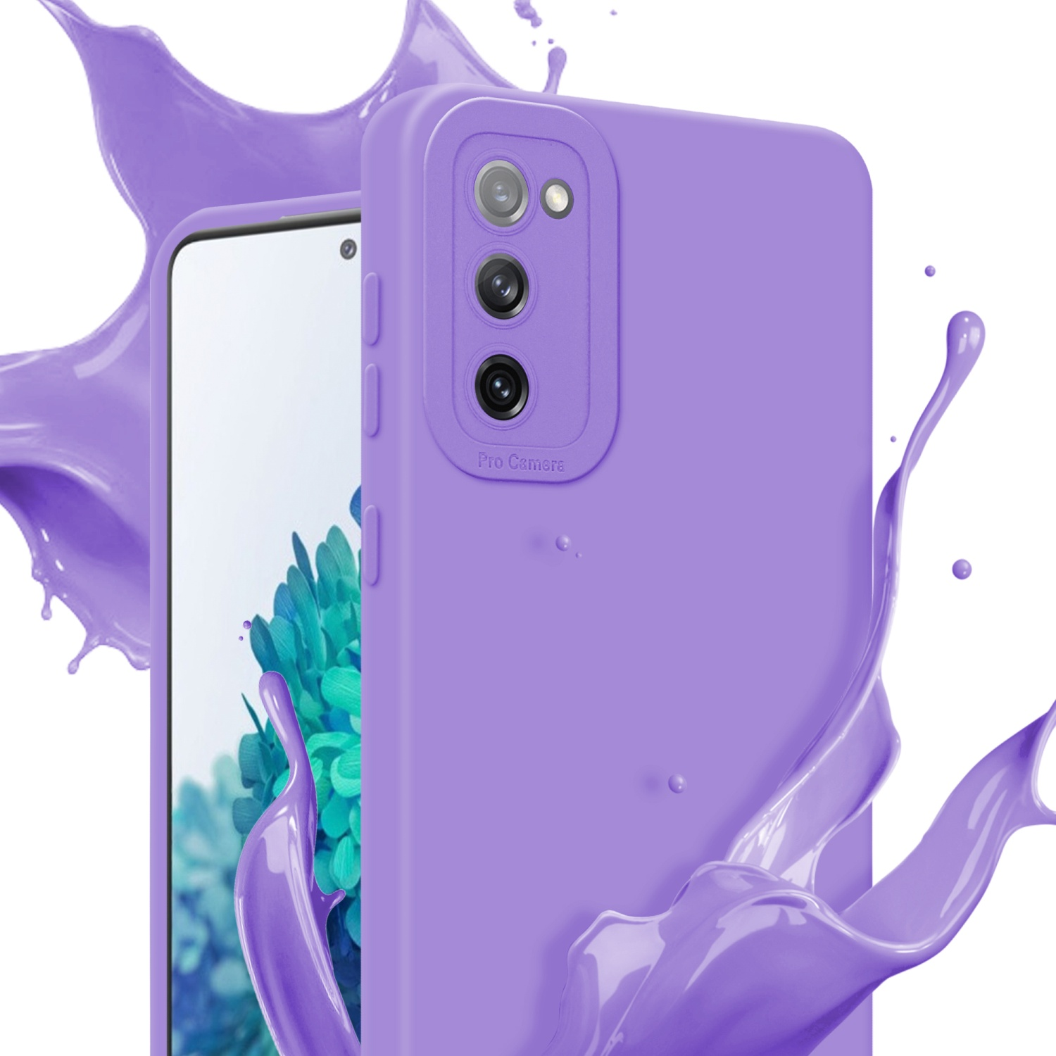 Custodia viola con schizzo di liquido viola e schermo del telefono con sfondo bianco.