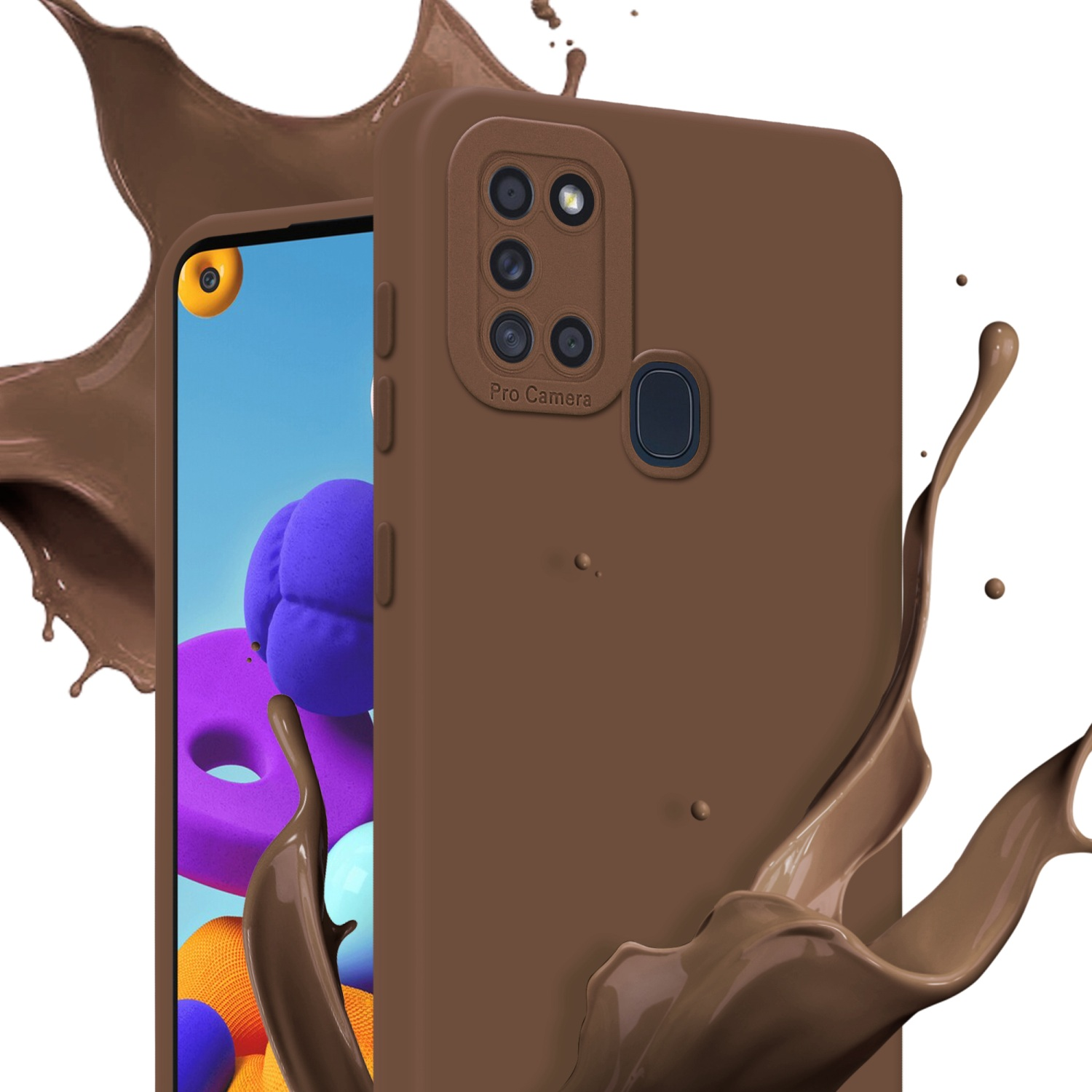 Custodia marrone per telefono con smartphone all'interno. Effetto spruzzo marrone. Etichetta Pro fotocamera.