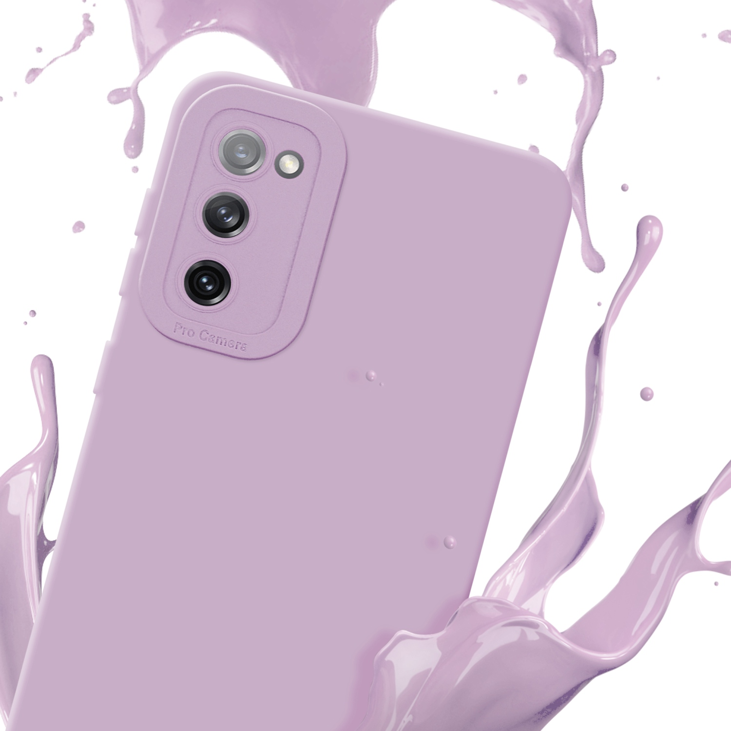 Custodia lilla per telefono con tre fotocamere. Effetto splash di liquido viola.