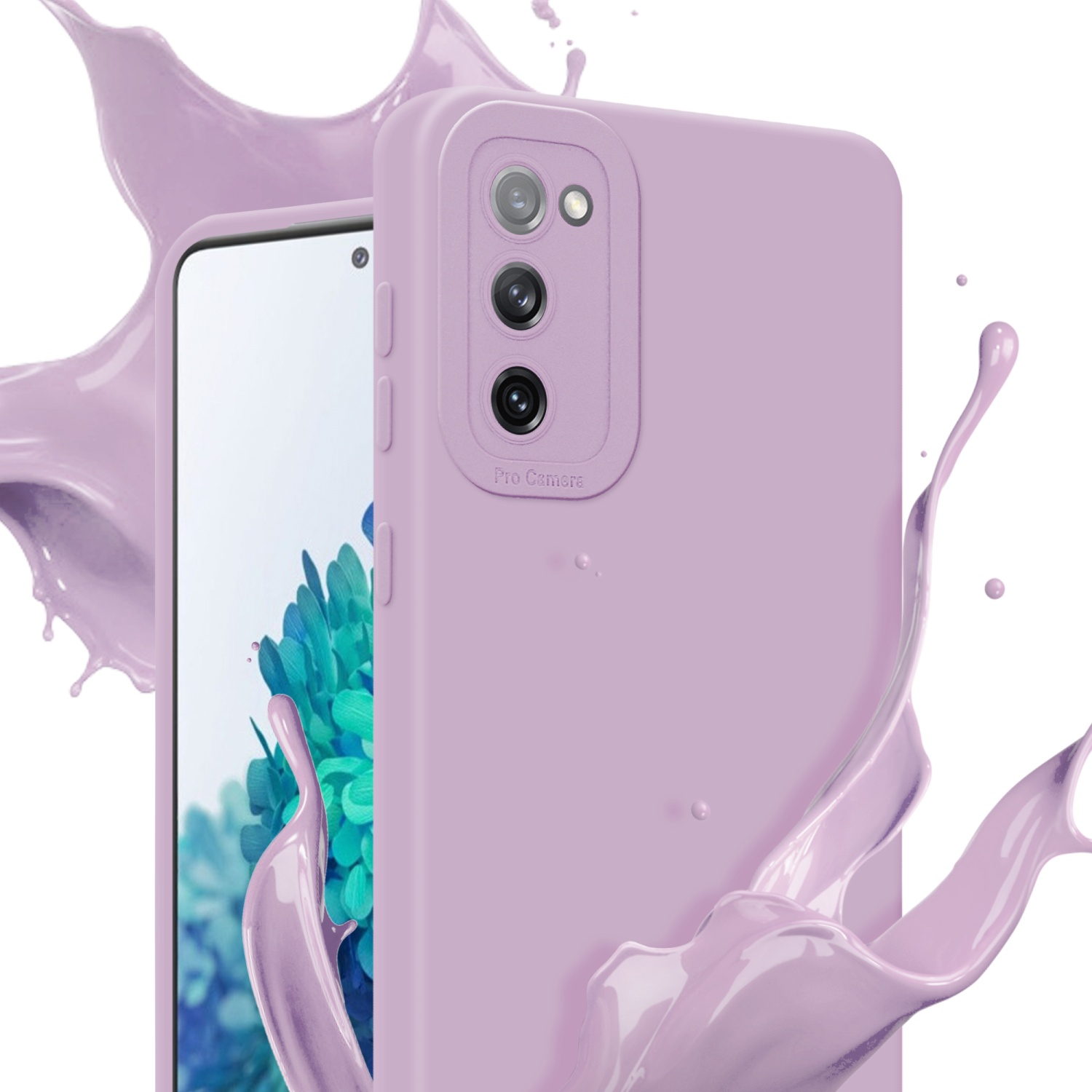 Custodia lilla con effetto splash, che mostra i dettagli della fotocamera e lo schermo del telefono.