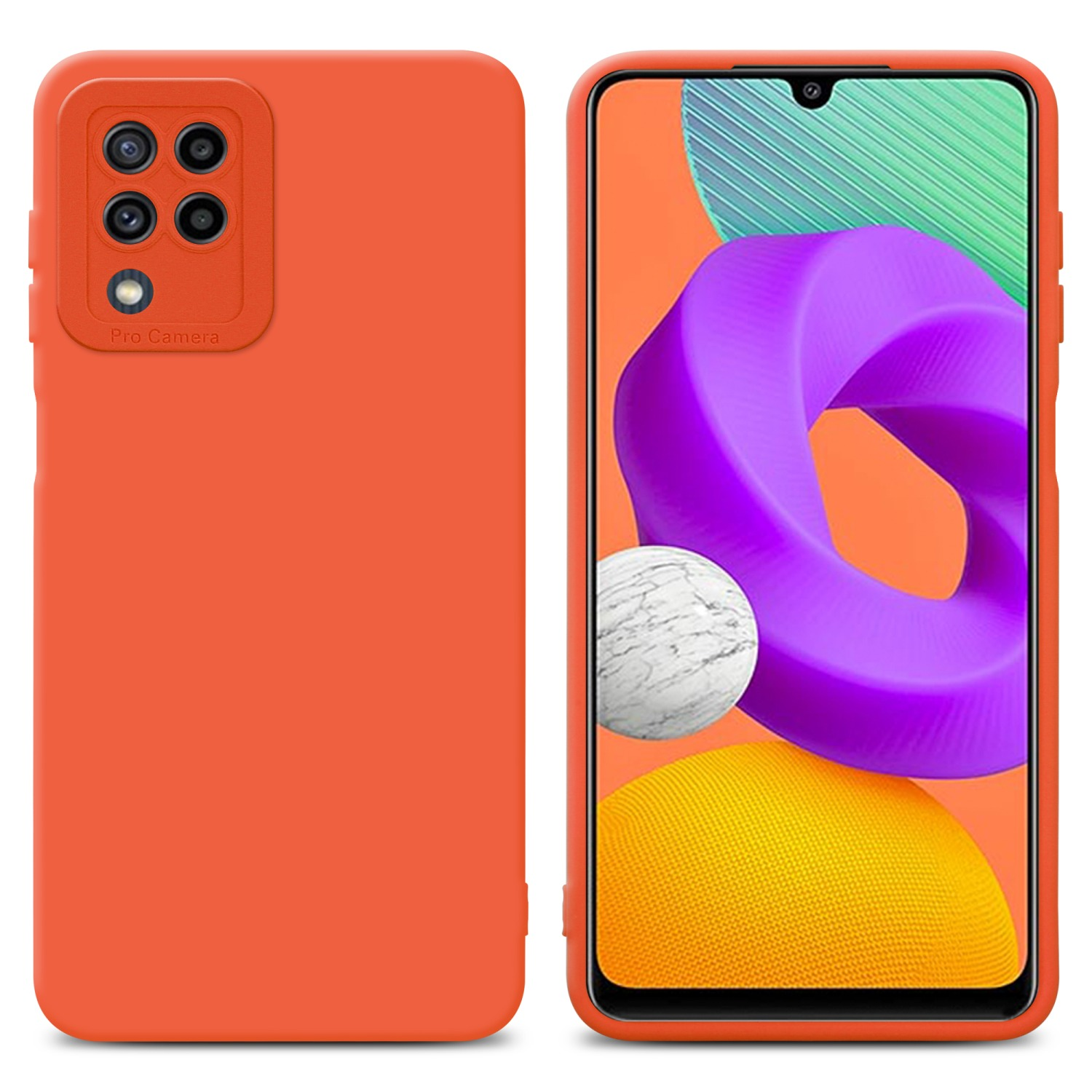 Custodia per telefono arancione con schermo del telefono che mostra forme colorate, sfondo bianco.