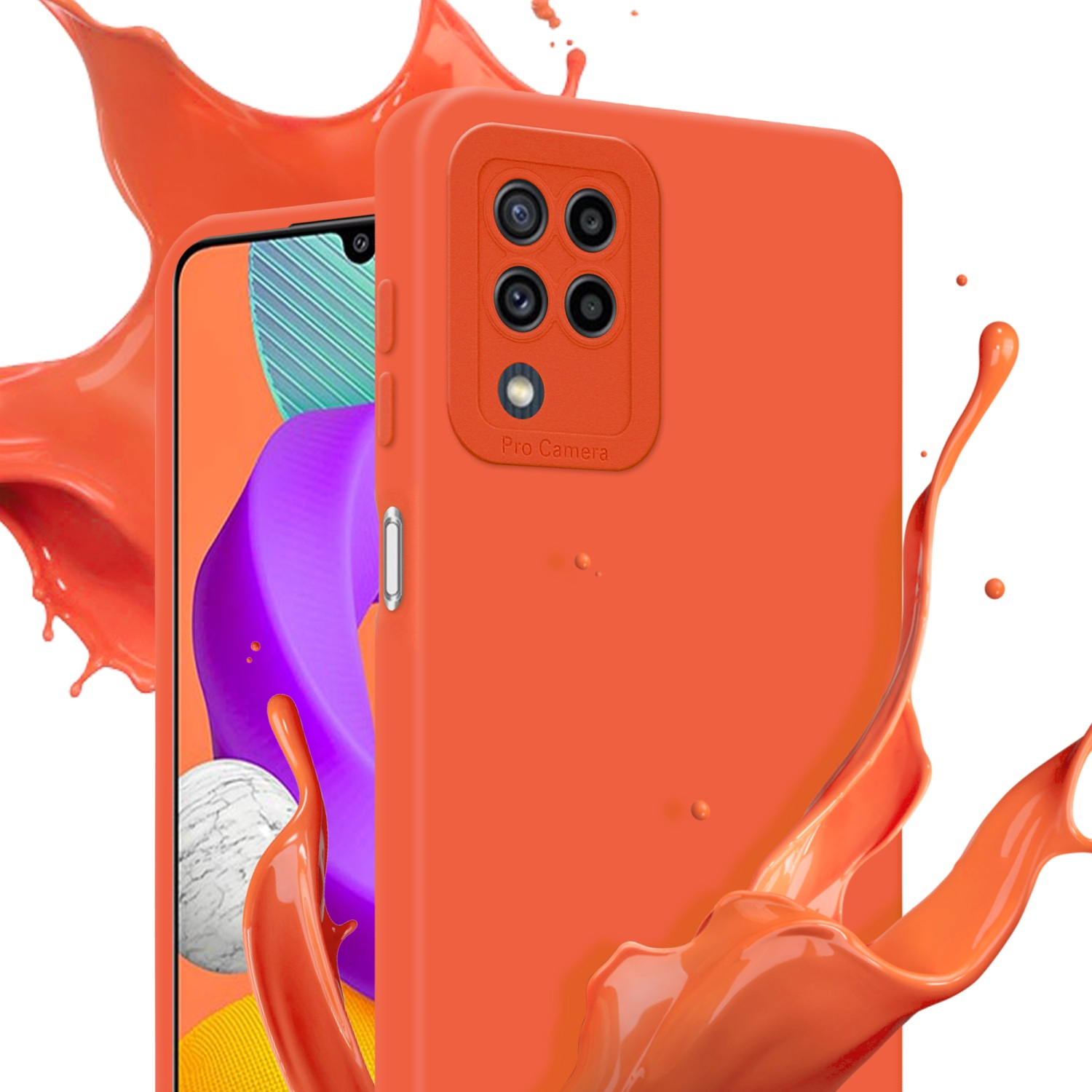 Custodia arancione per telefono accanto al telefono. Schizzi di liquido arancione sullo sfondo. Sfondo bianco.