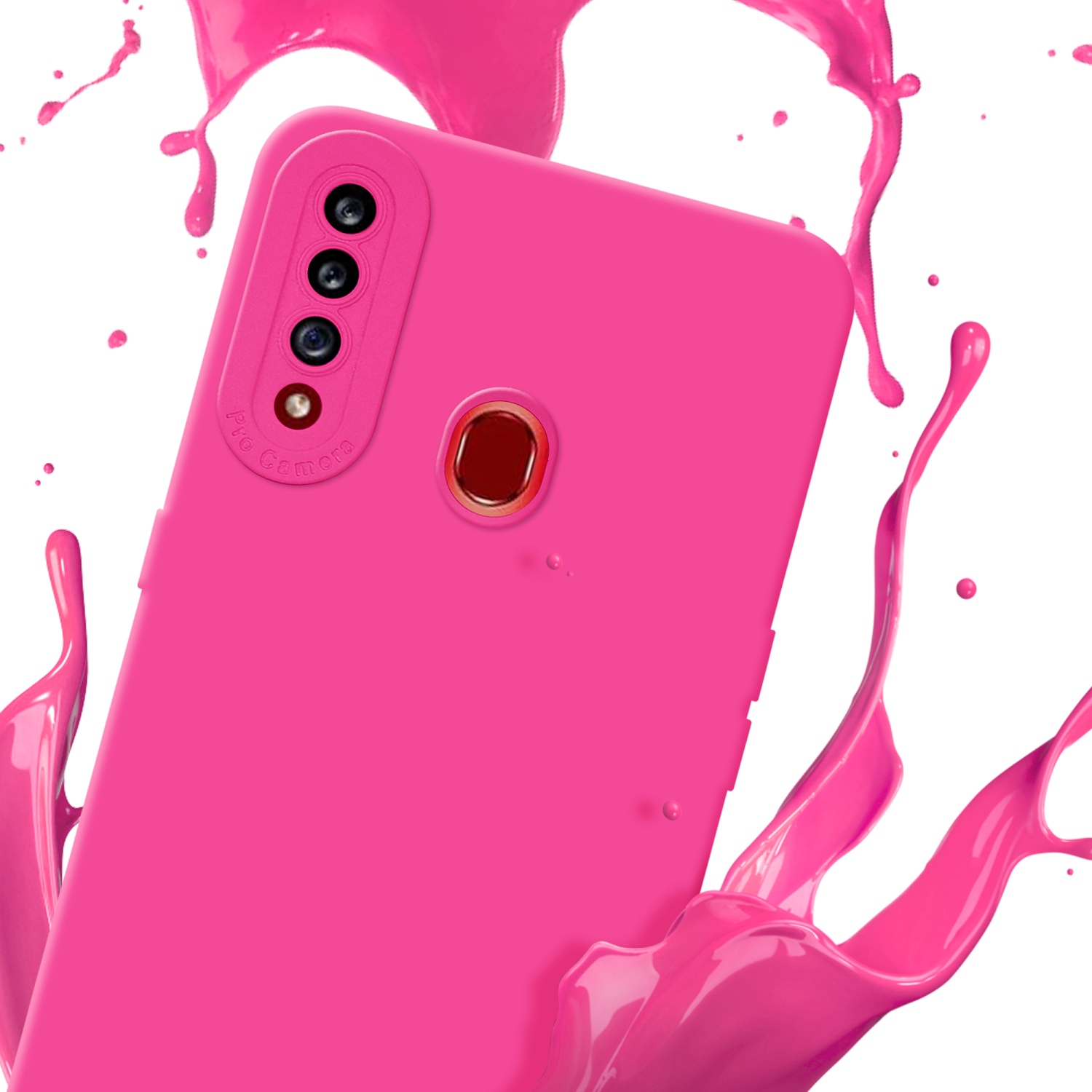 Custodia rosa con spruzzo di vernice rosa. La custodia ha un ritaglio per la fotocamera.
