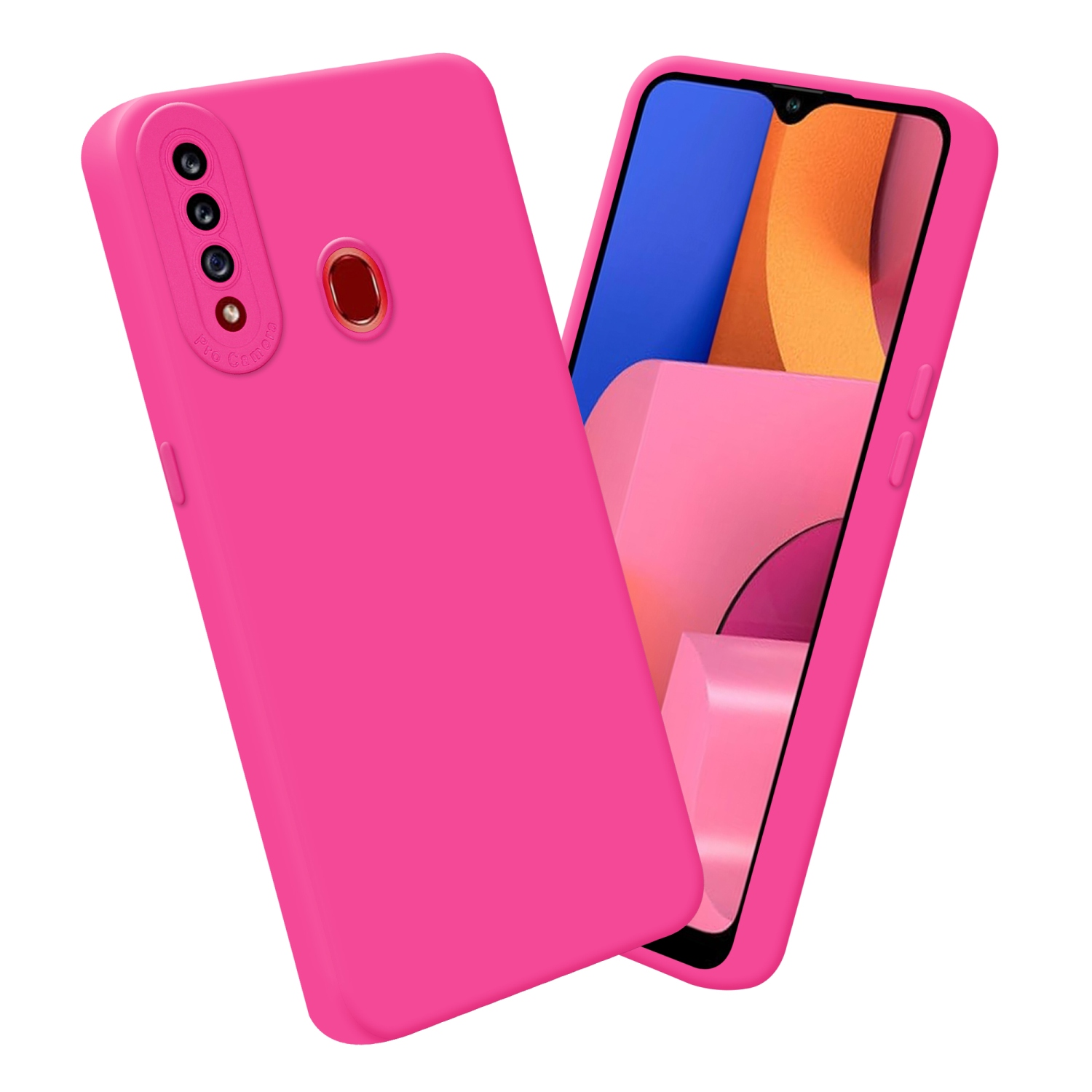 Custodia e smartphone rosa, vista angolata. Lo schermo è visibile.