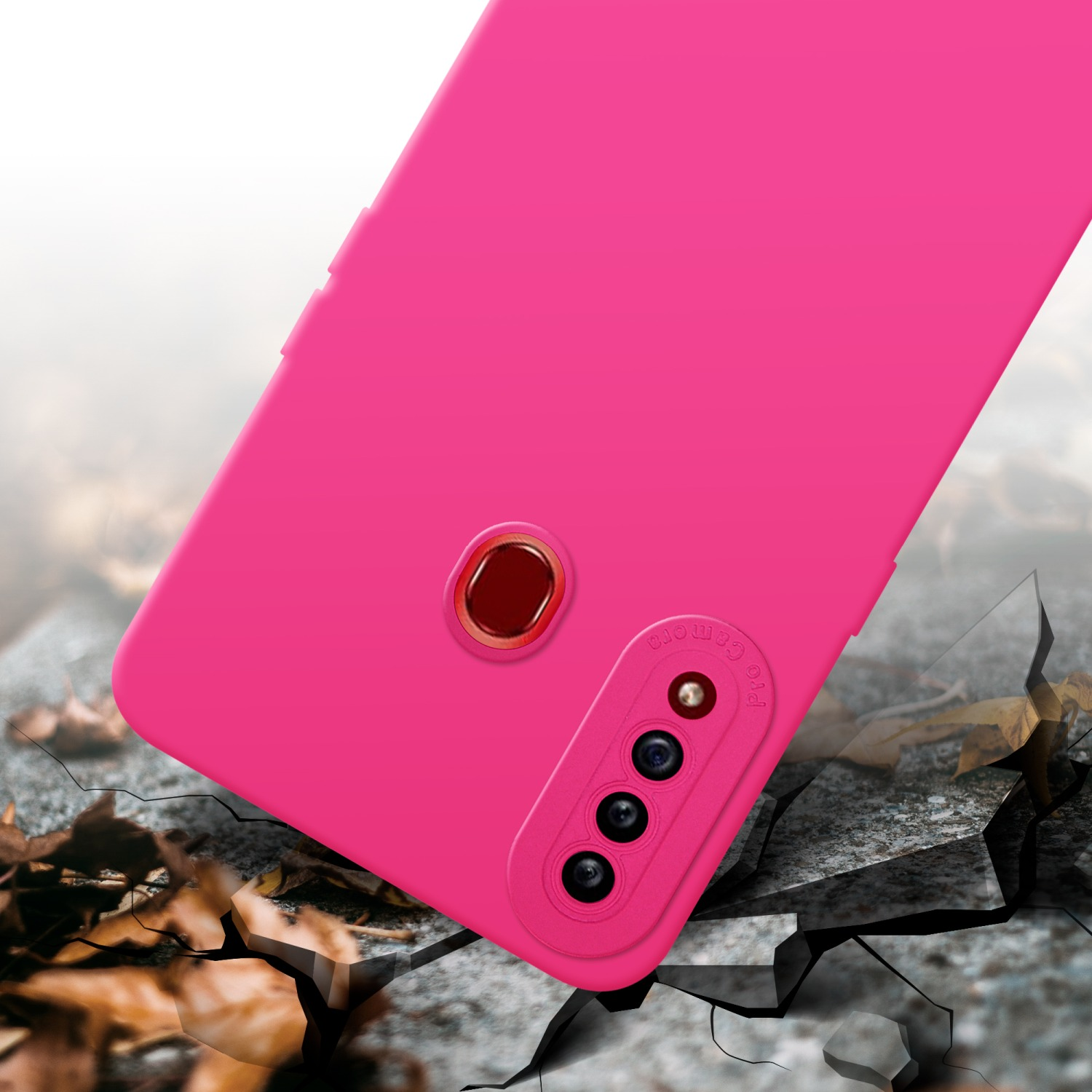 Custodia rosa per telefono su una superficie di pietra crepata. Scritto Pro Camera.
