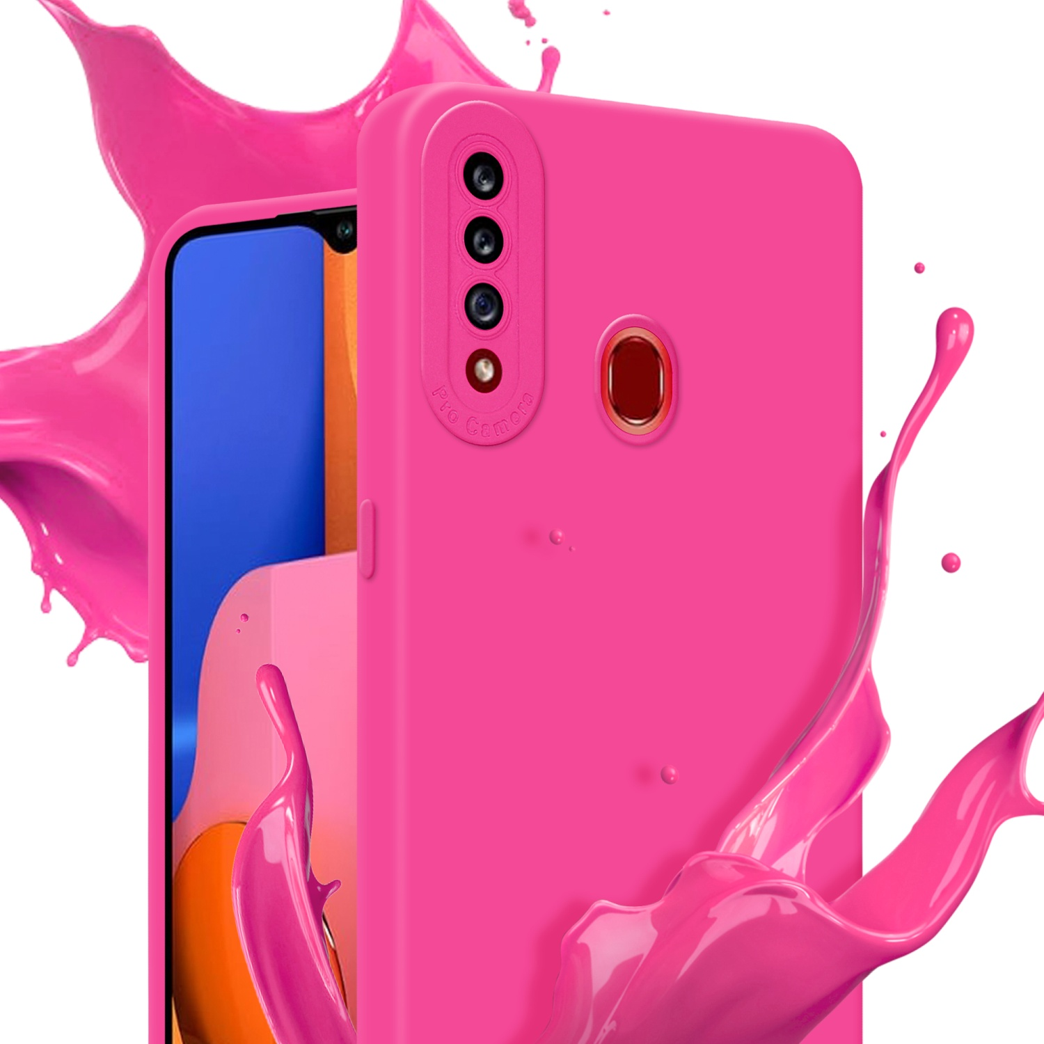 Custodia rosa con protezione fotocamera, tenuta in mano. Schizzi di vernice rosa sullo sfondo.