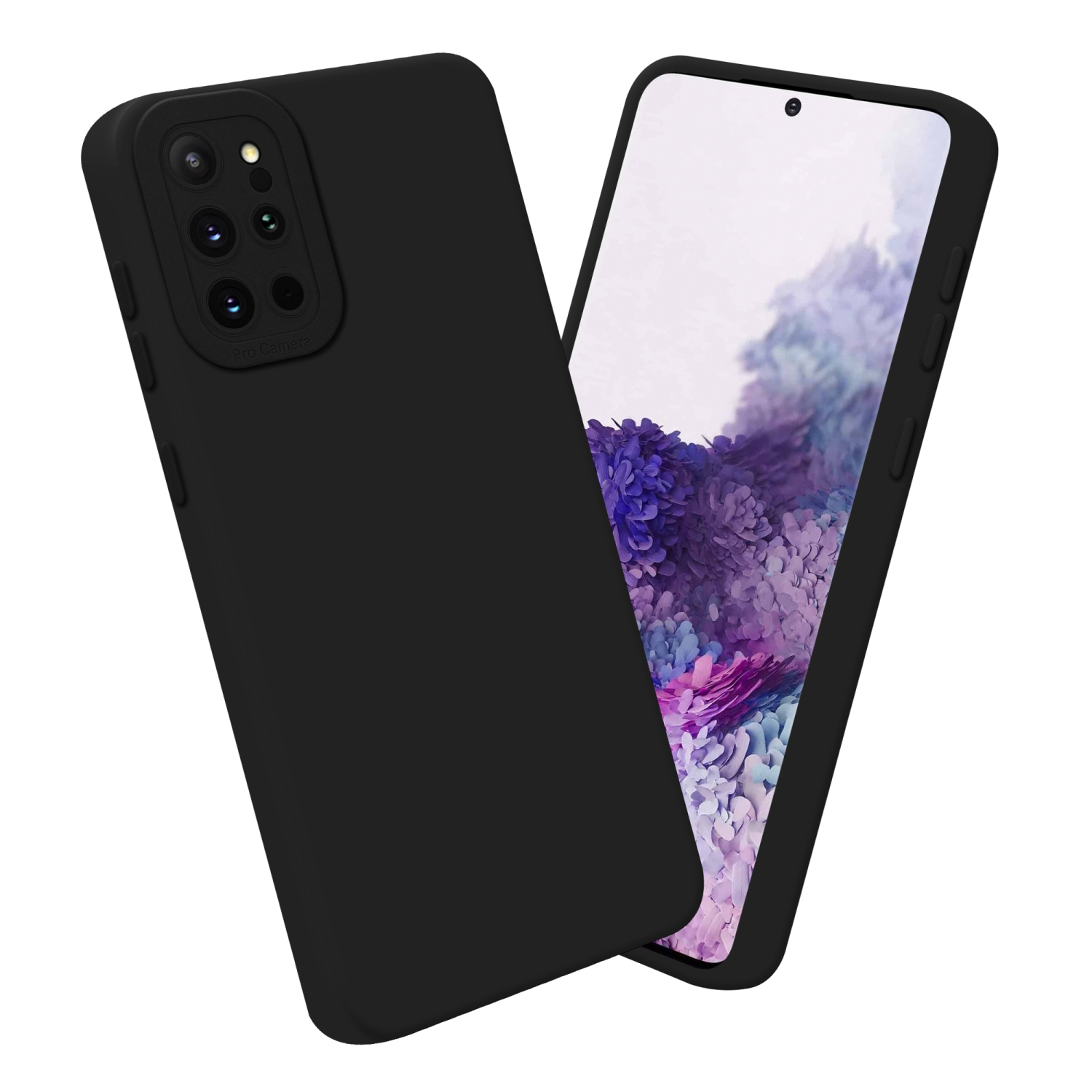 Deux coques de téléphone noires, une avec l'écran visible. L'écran a un fond d'écran violet.