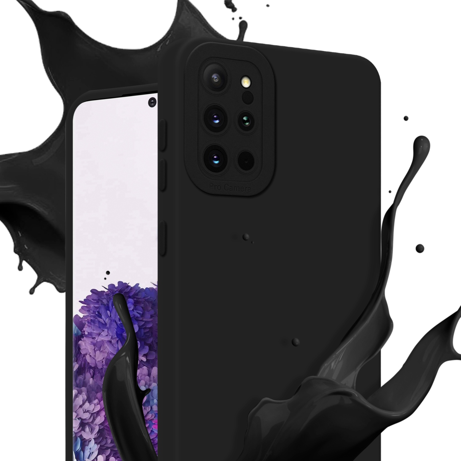 Coque de téléphone noire avec éclaboussures de peinture noire. Fond blanc.