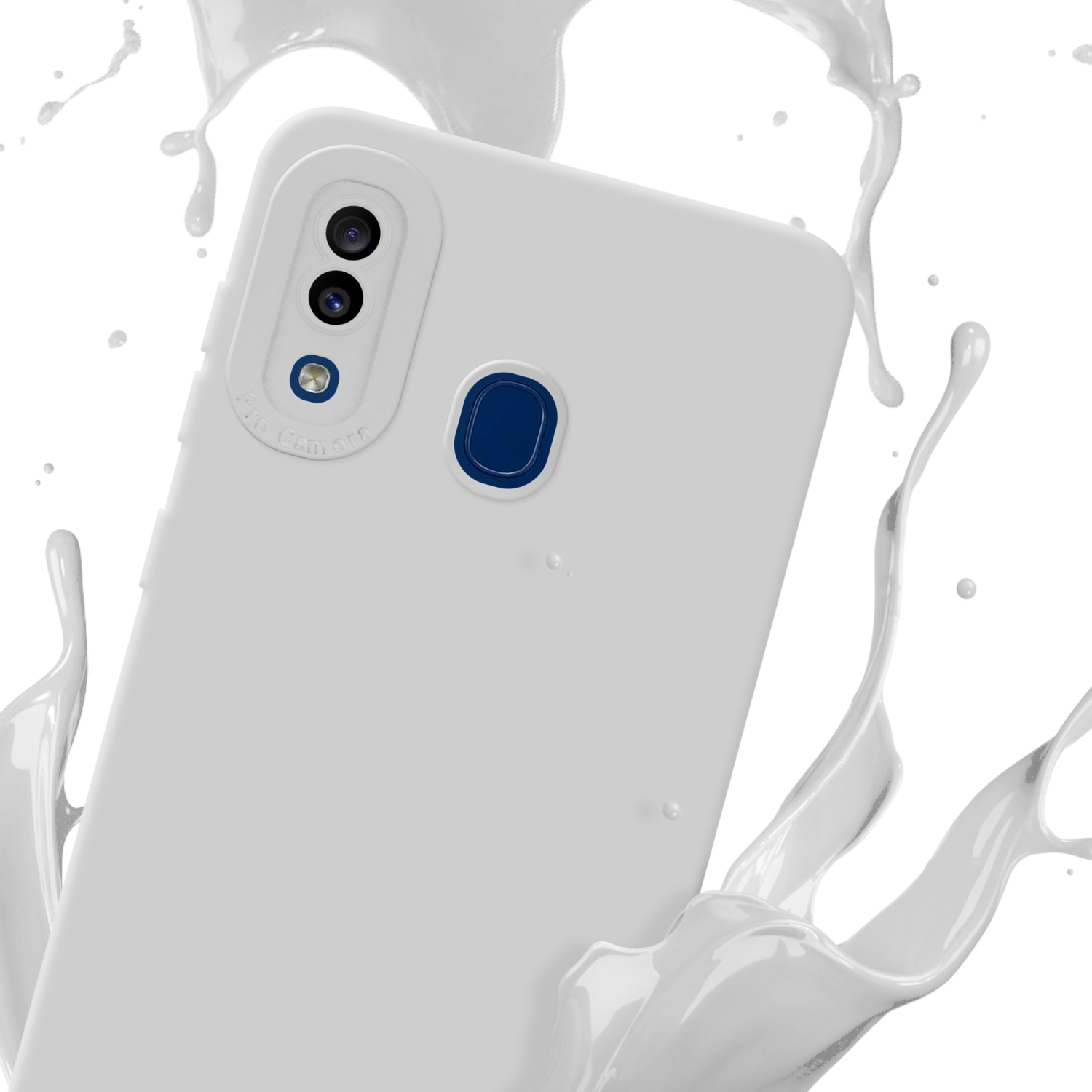 Custodia per telefono bianca con fotocamera e spruzzi di liquido bianco, con uno sfondo bianco.