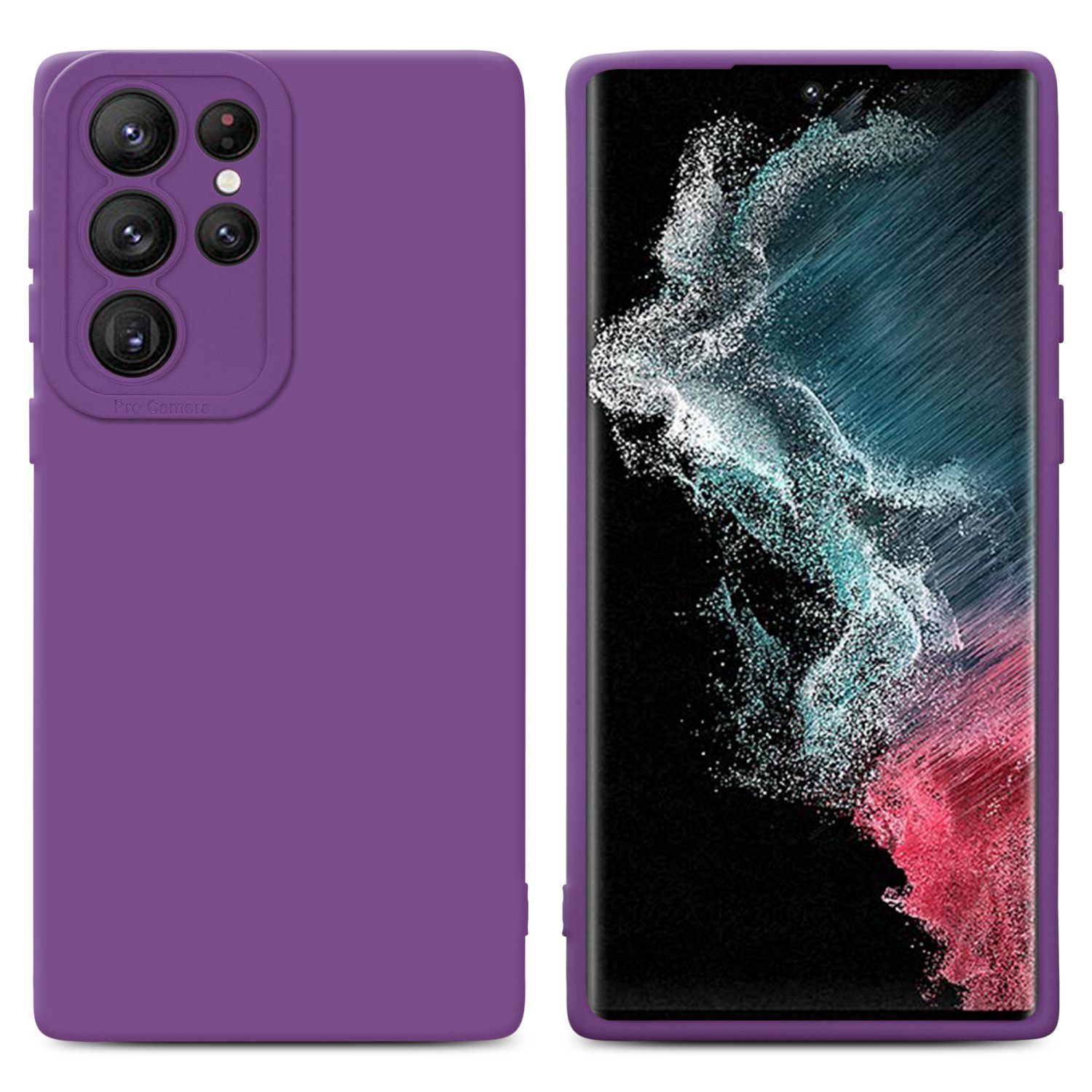 Una custodia viola e un telefono affiancati, con schermo rosa e rosso a motivi.