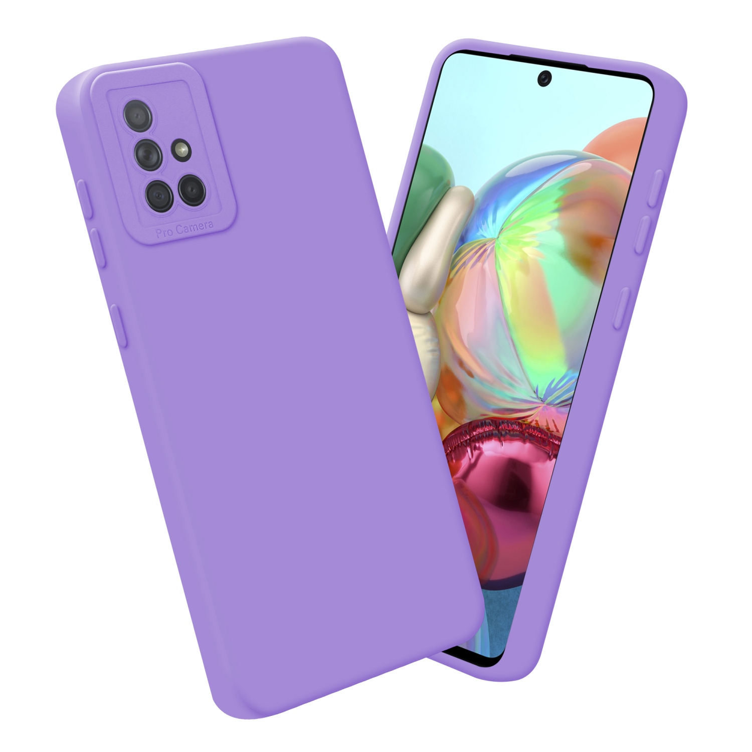 Due custodie viola per telefono. Una mostra la sezione della fotocamera. L'altra mostra lo schermo del telefono.