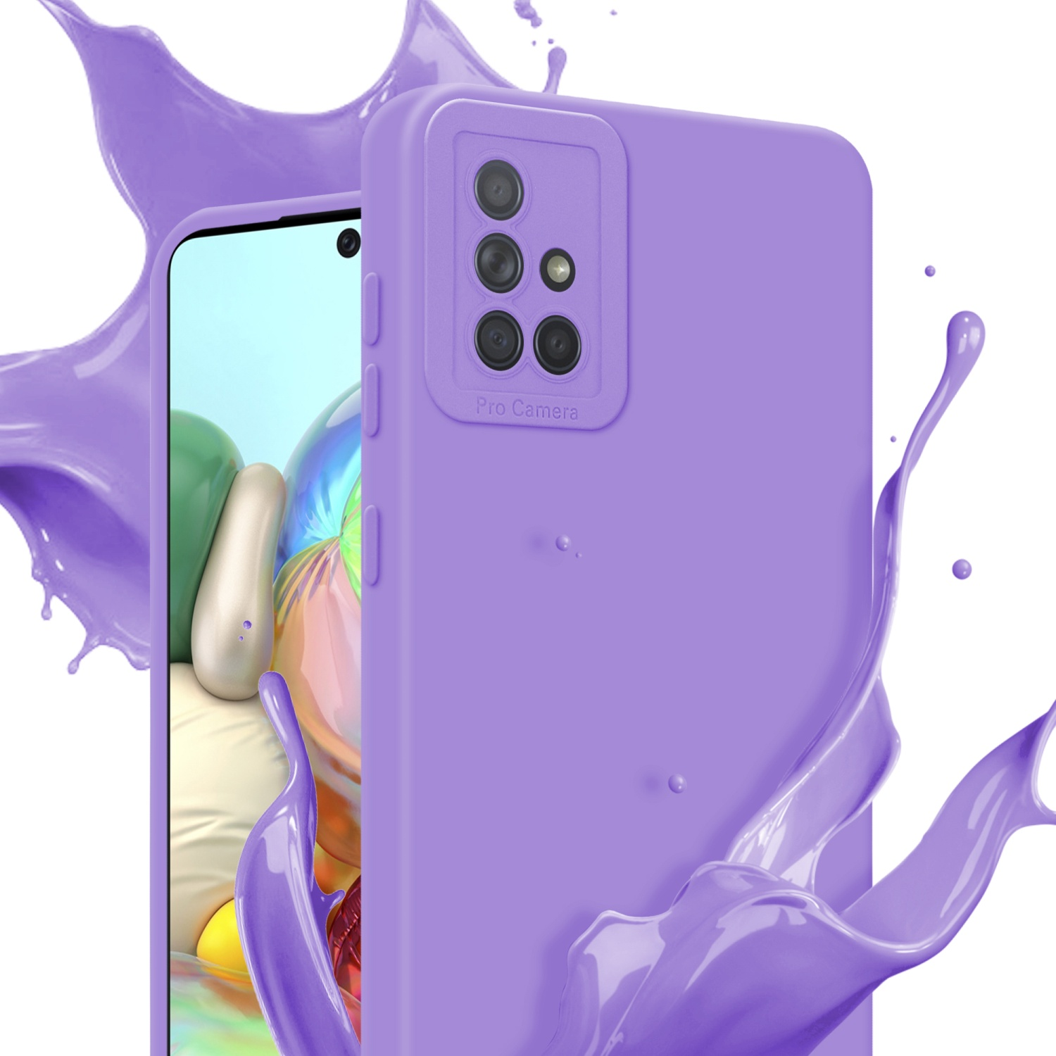 Custodia viola con telefono dentro, sfondo spruzzi viola.