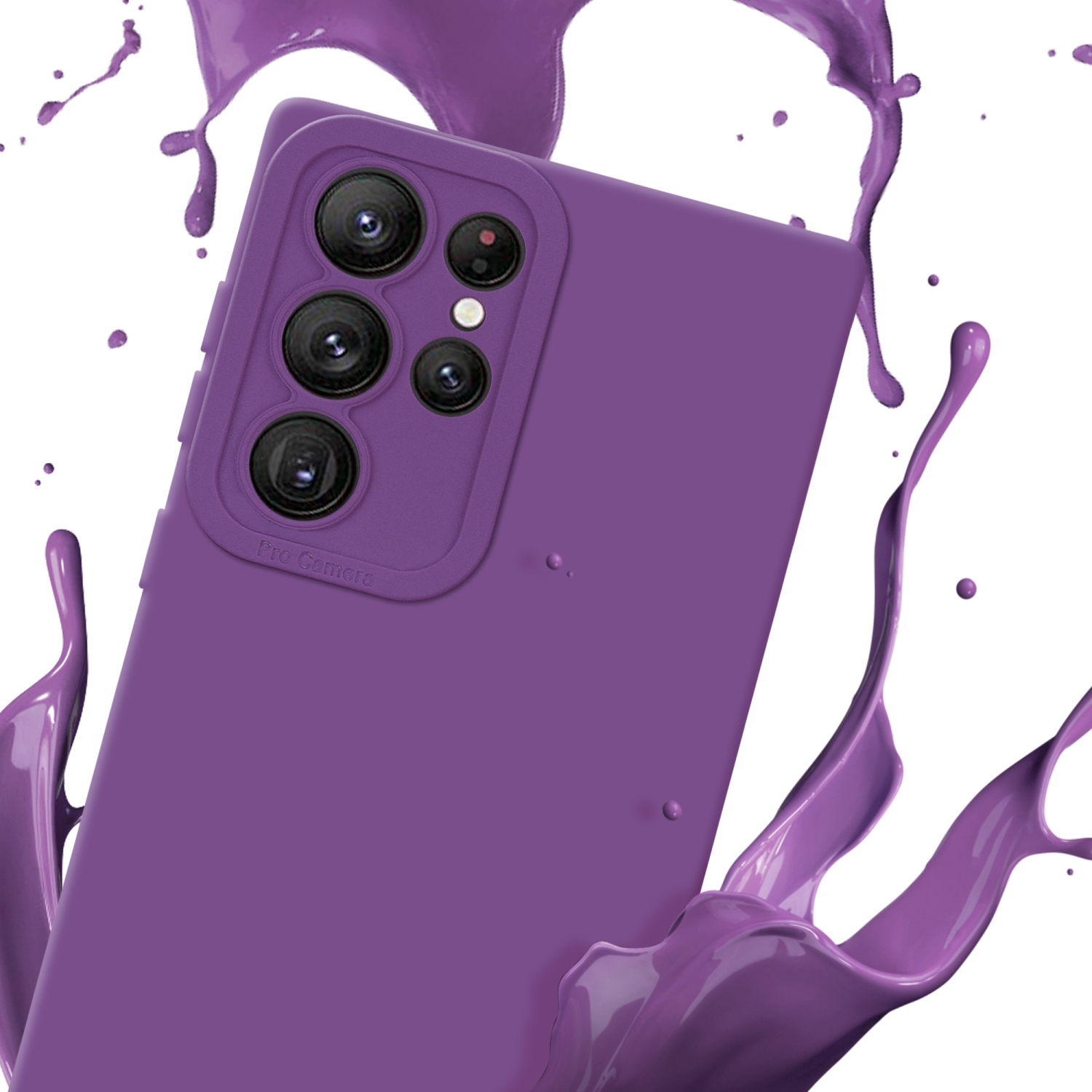 Una custodia per telefono viola con uno schizzo di liquido viola. Sfondo bianco.