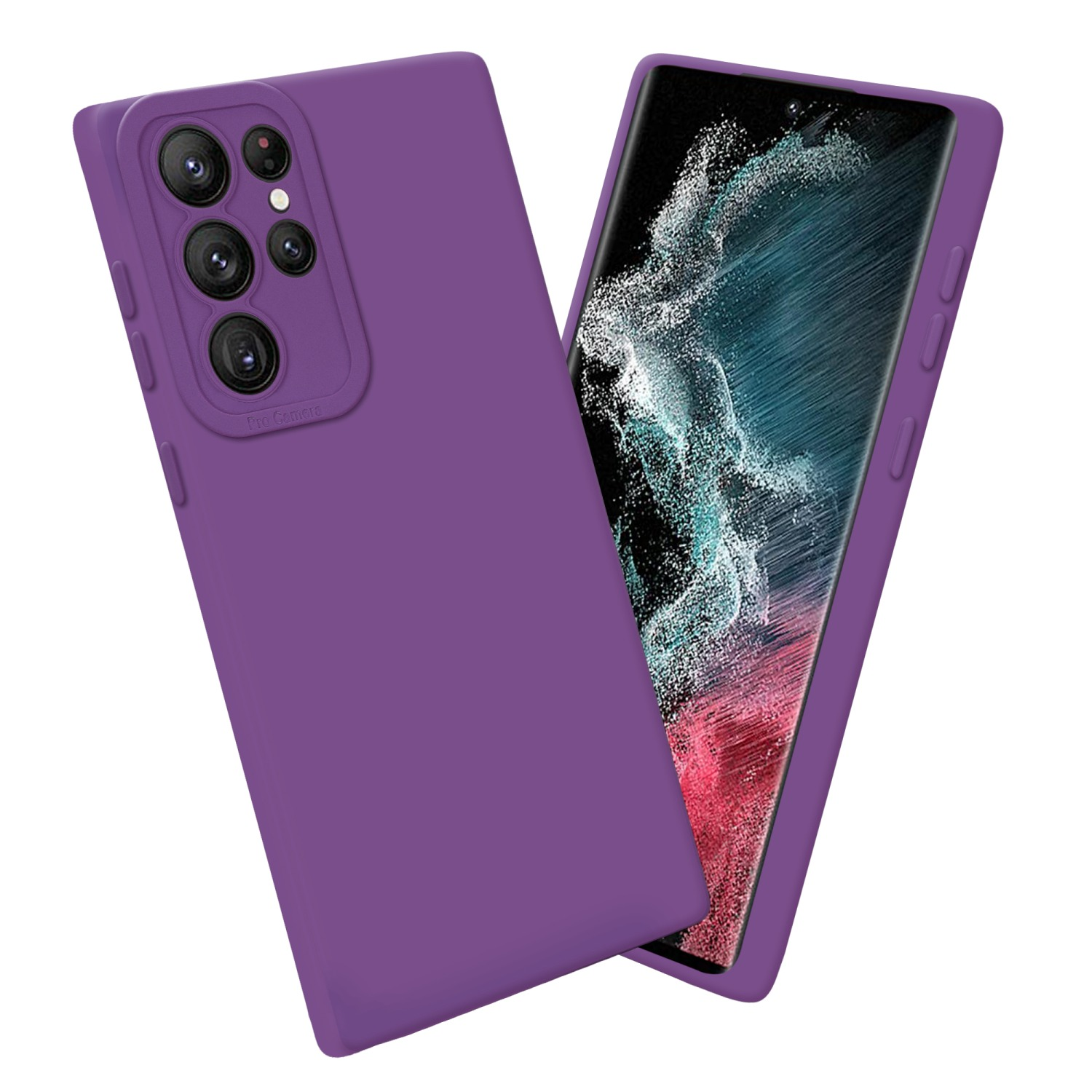 Custodia viola per telefono, telefono a destra, vista anteriore e posteriore.