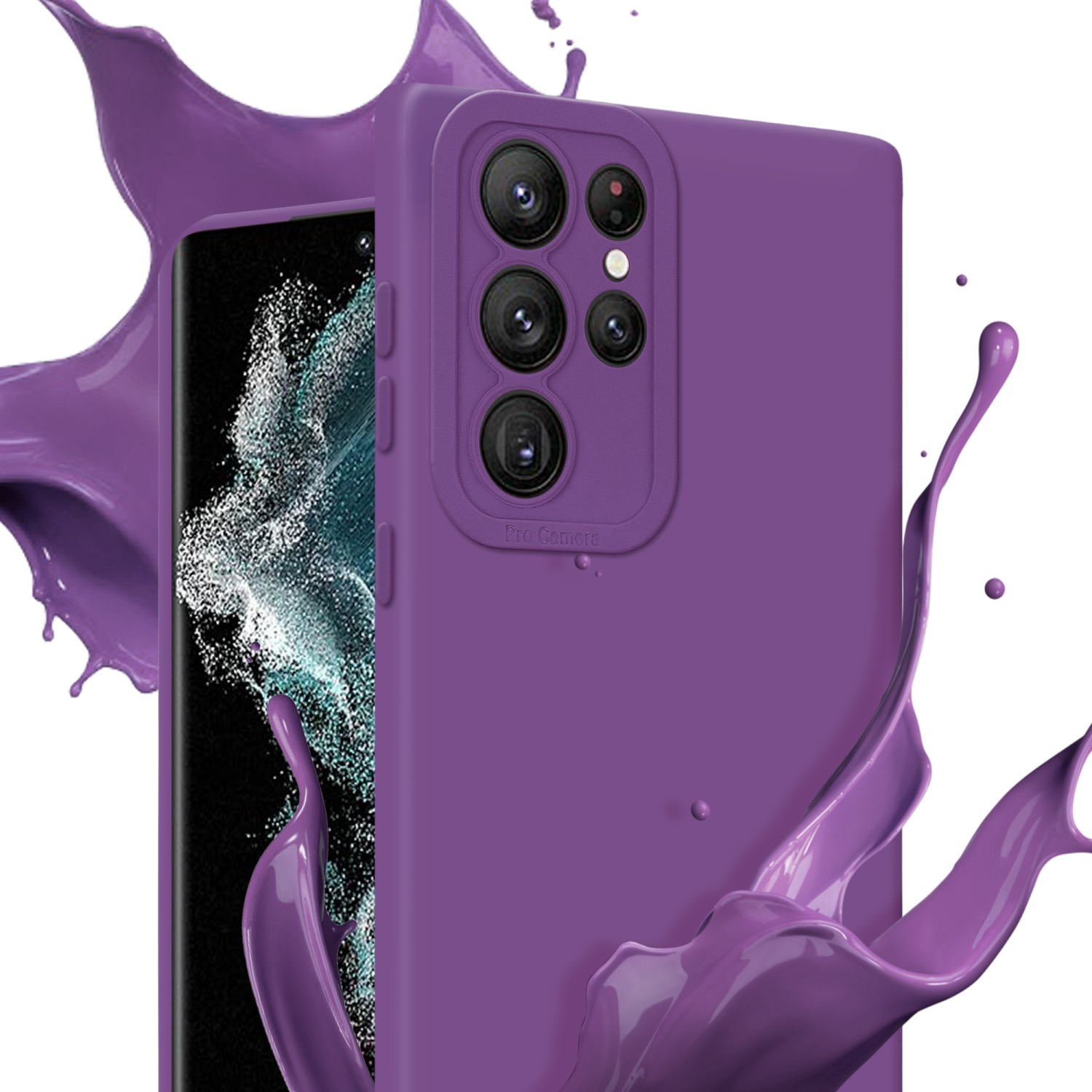 Custodia viola con effetto splash. Telefono parzialmente visibile. Iscrizione Pro Camera visibile.
