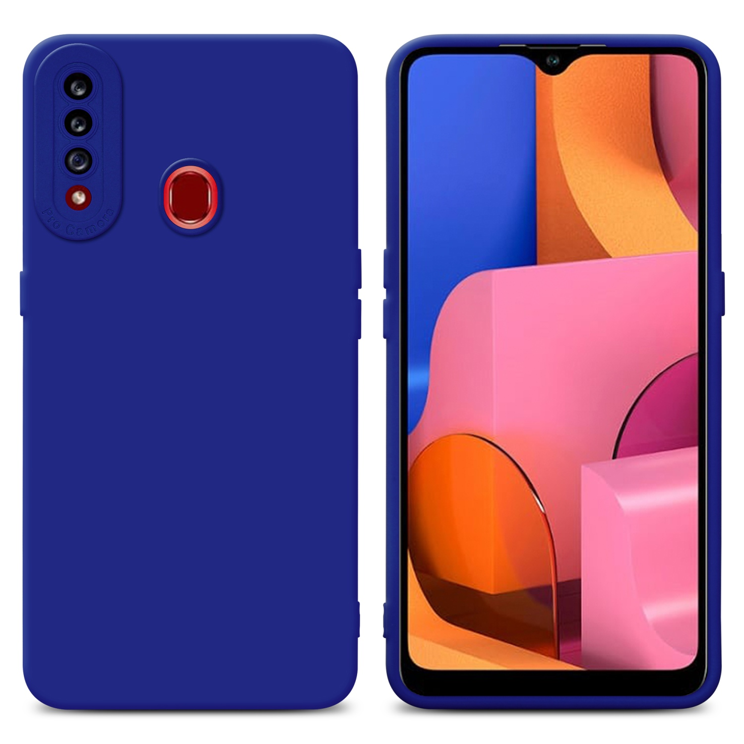 Custodia per telefono blu scuro con telefono a destra. Pro Camera visibile. Sfondo rosa e arancione.