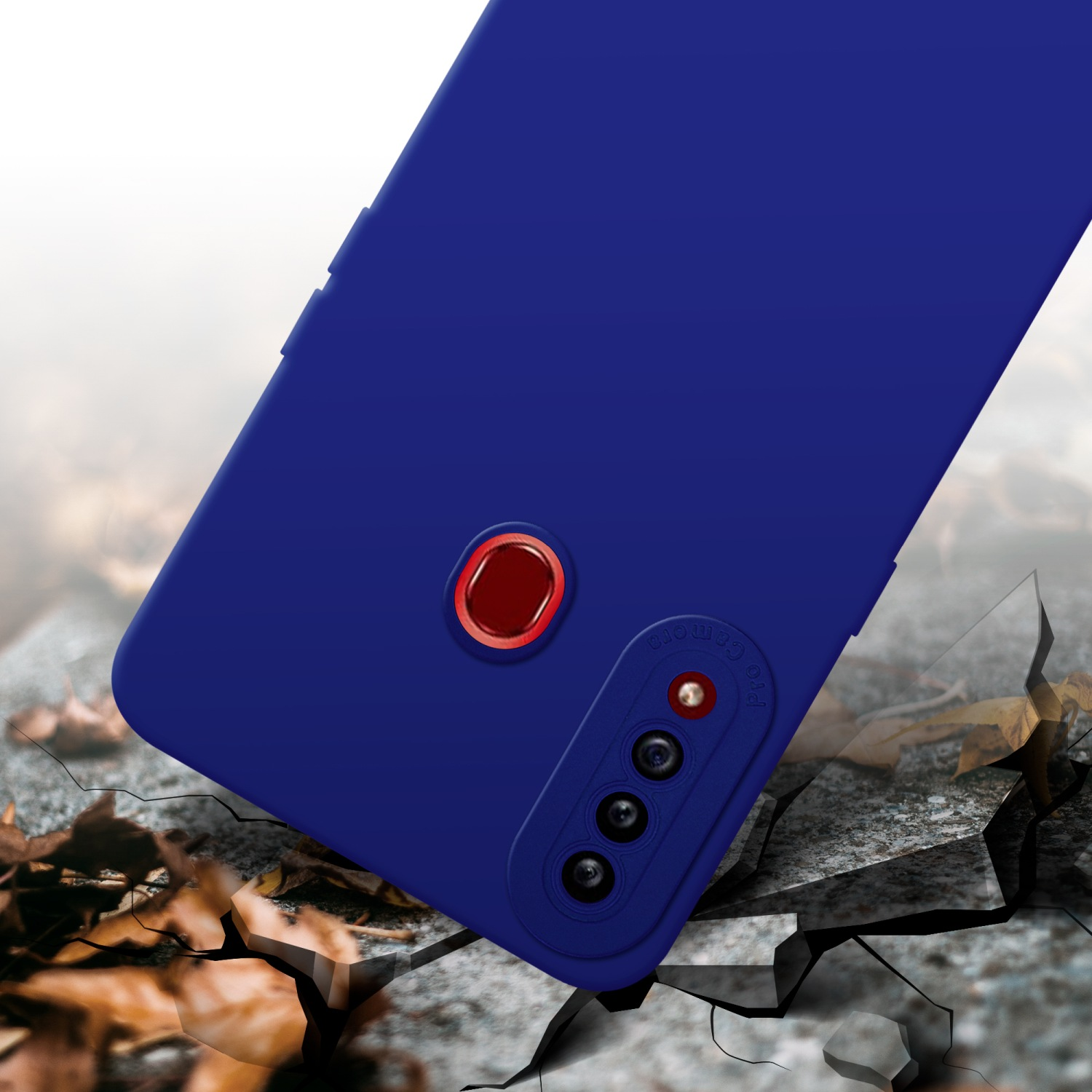 Custodia blu navy su terreno crepato. L'area della fotocamera è visibile e punti luce rossi.