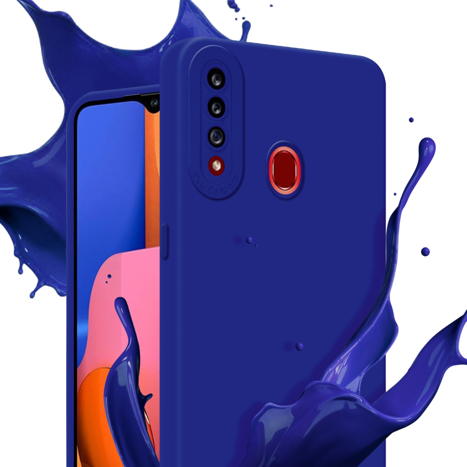 Una custodia per telefono blu scuro è mostrata con uno spruzzo di vernice blu scuro.