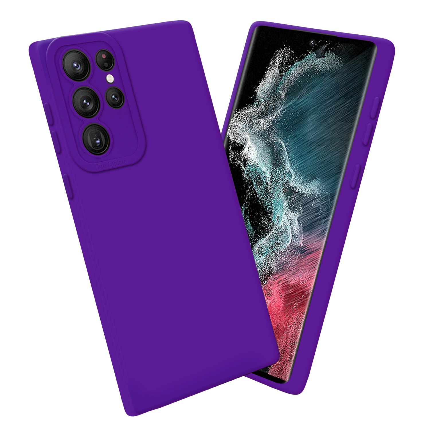 Coque de téléphone violette avec téléphone. Fond blanc.