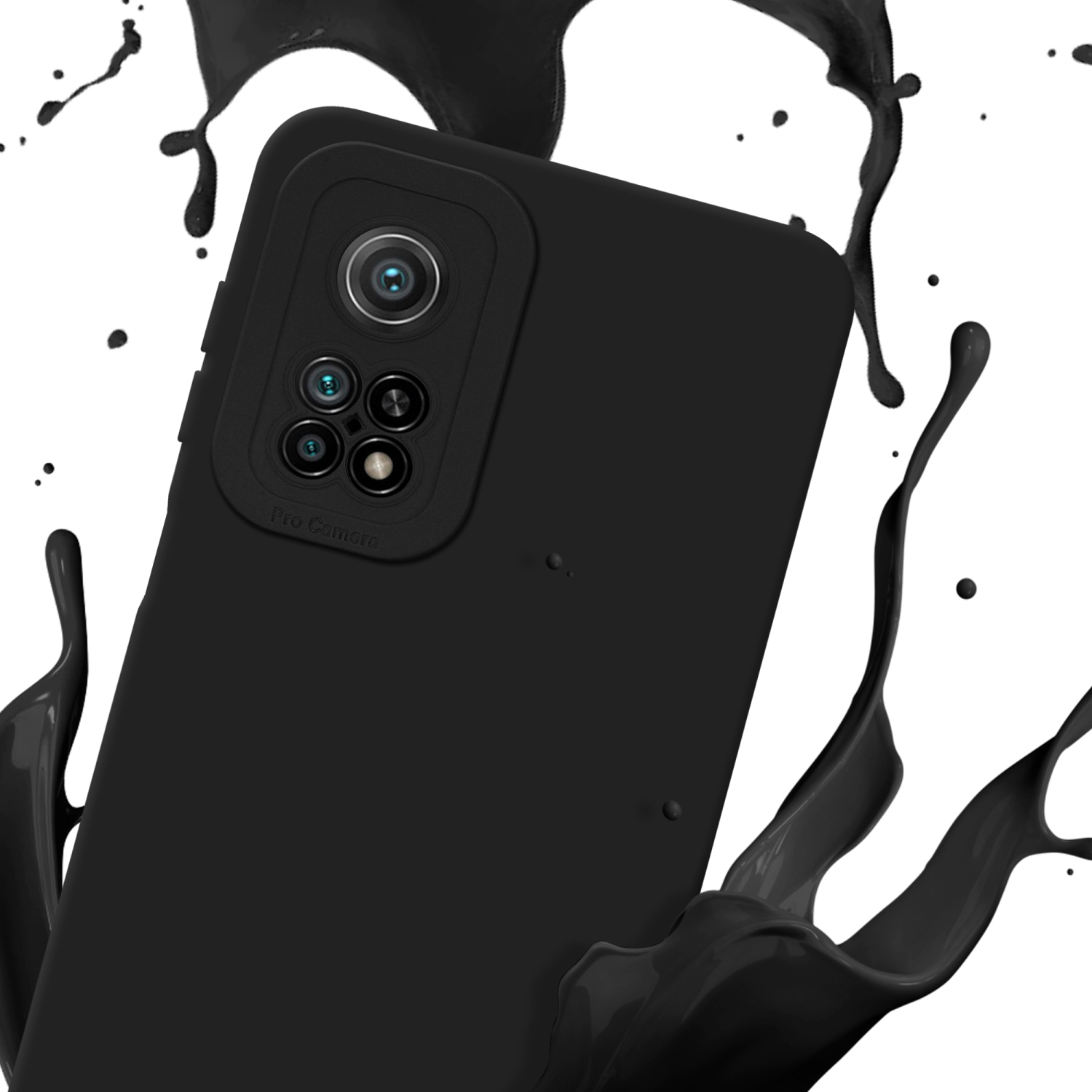 Schwarze Handyhülle mit Farbspritzer, Nahaufnahme. Schwarzer Farbspritzer-Effekt im Hintergrund.