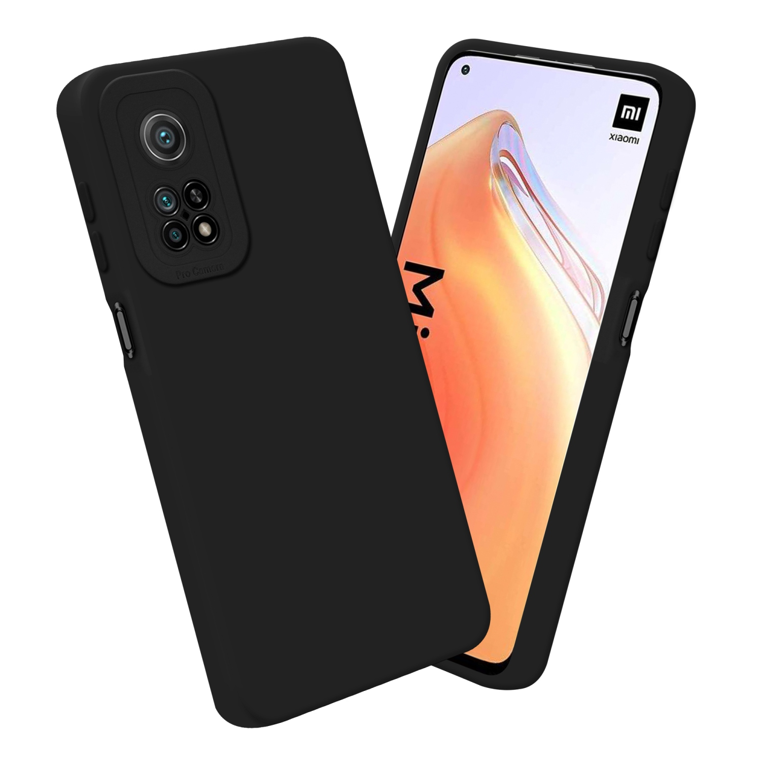 Schwarze Handyhülle mit Telefon darin. Xiaomi-Marke auf dem Telefonbildschirm.