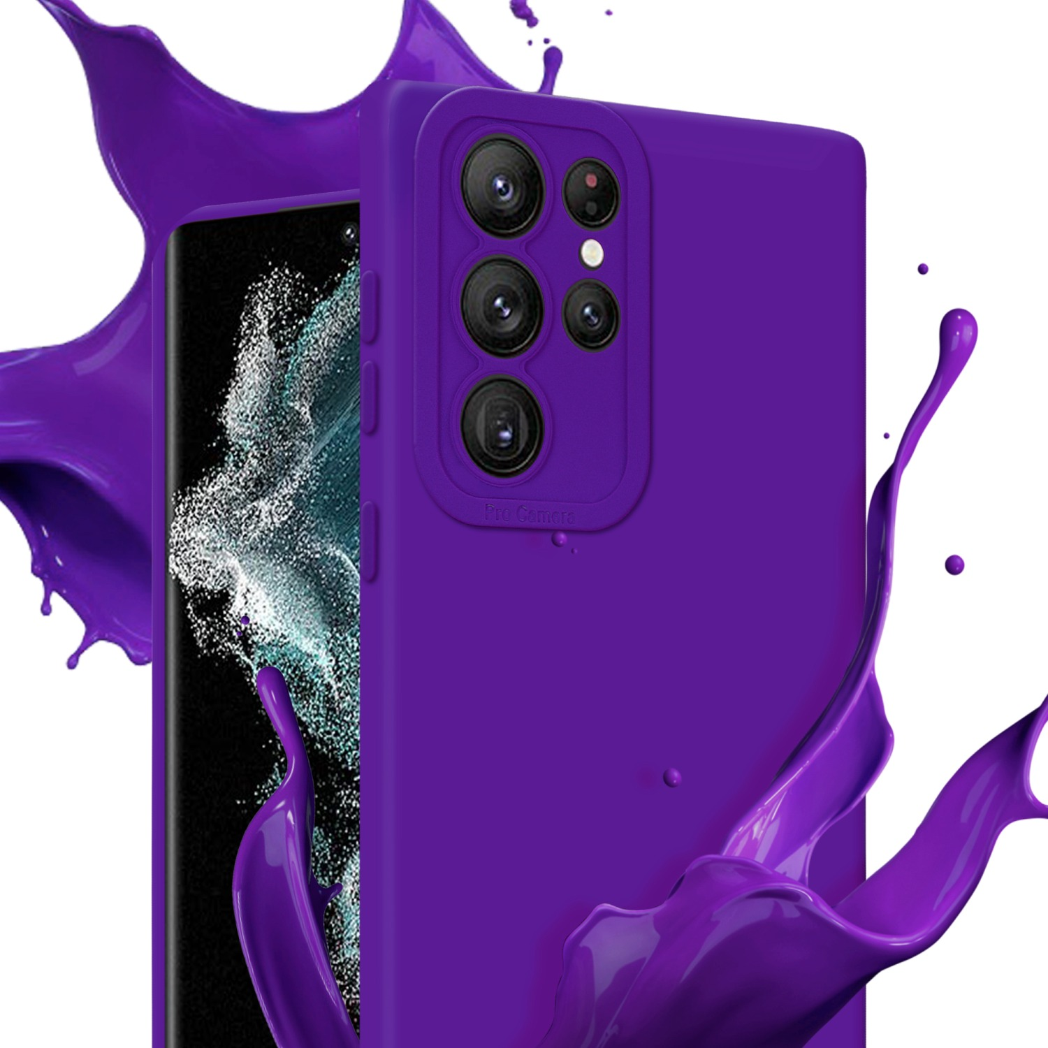 Une coque de téléphone violette avec un téléphone, avec des éclaboussures de peinture violette.