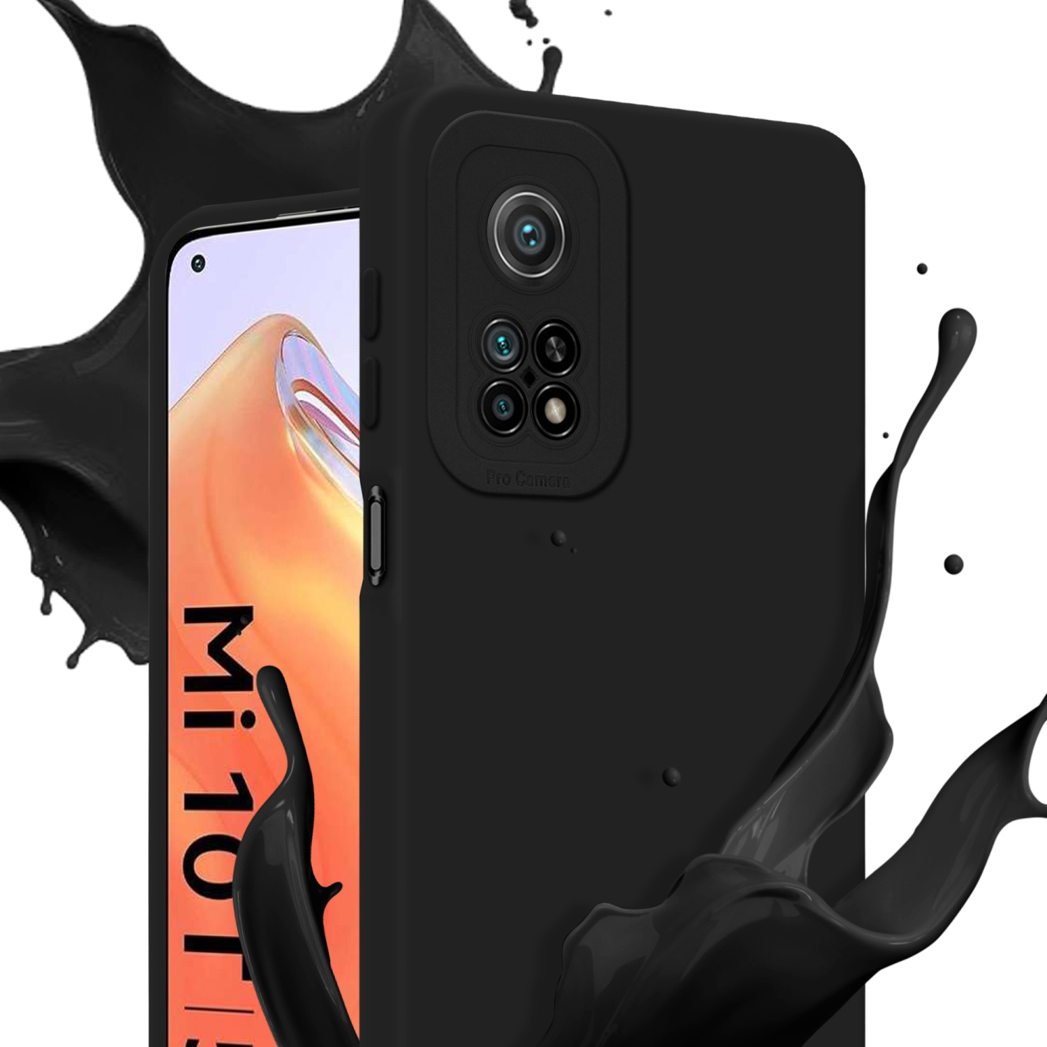 Schwarze Handyhülle mit einem Telefon, das ein farbenfrohes Bild zeigt. Schwarzer Flüssigkeitsspritzer im Hintergrund.