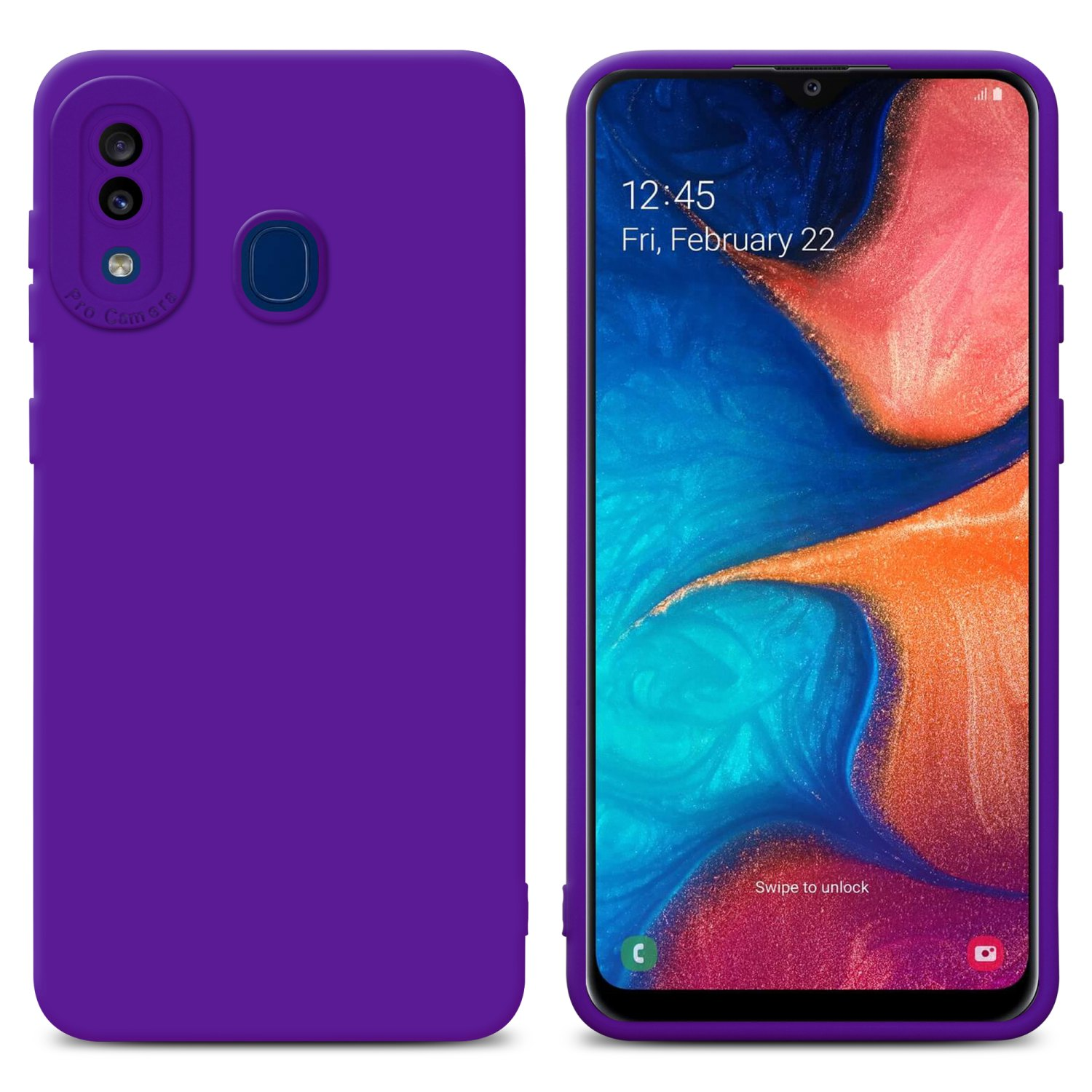 Custodia viola. Lo schermo mostra ora e data. Due telefoni su sfondo bianco.
