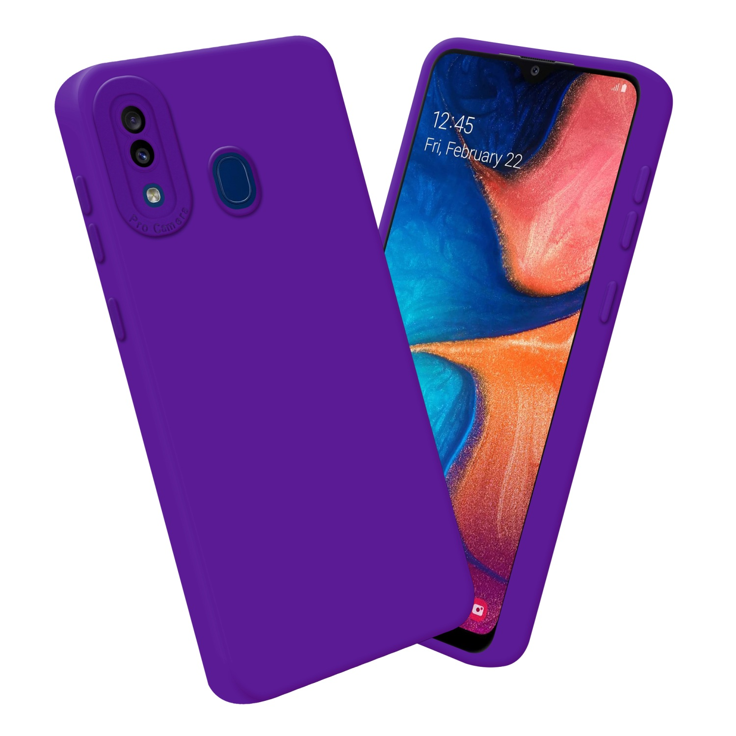 Custodia viola con un telefono. Il telefono mostra la data. Pro camera.