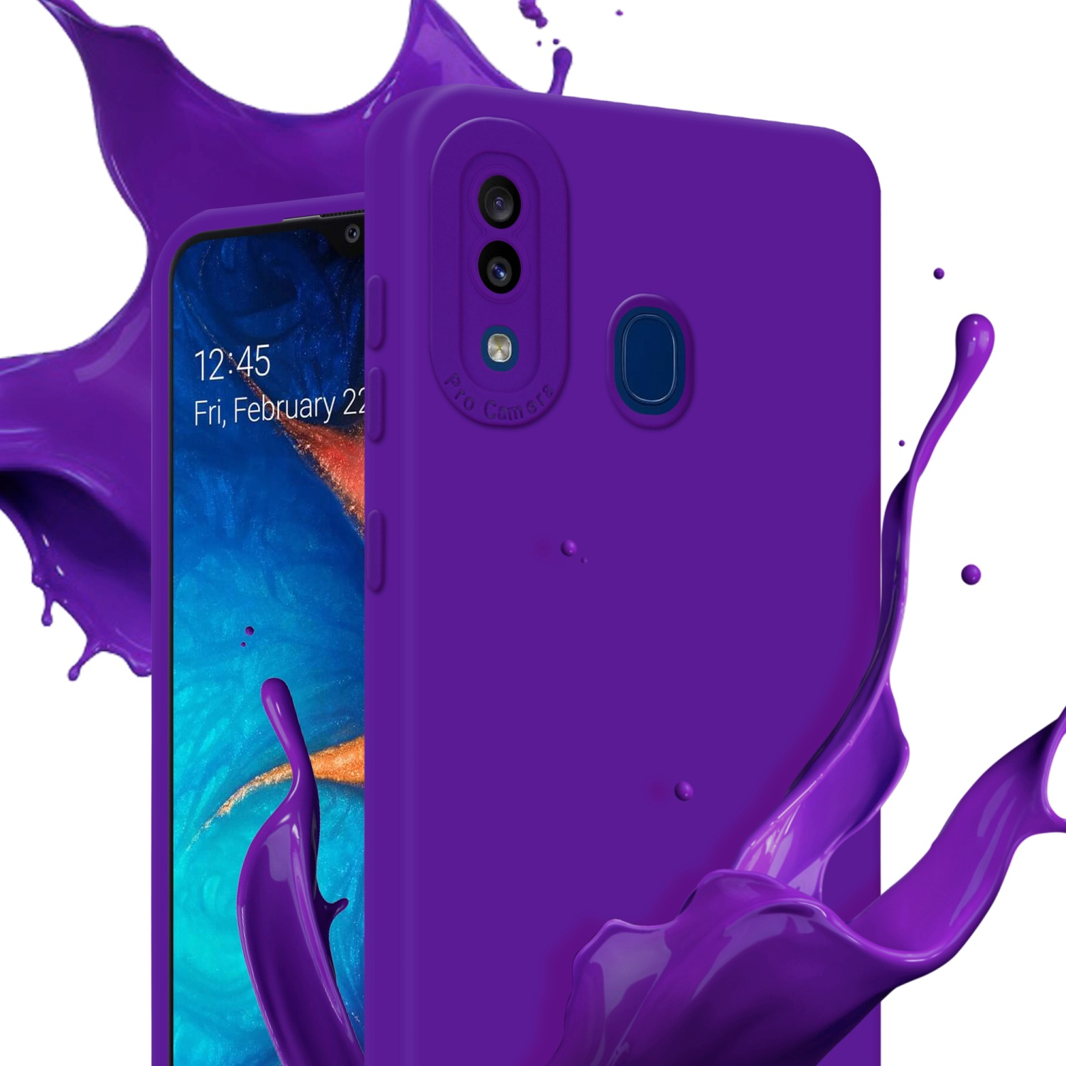 Custodia viola con effetto schizzo e schermo visibile.