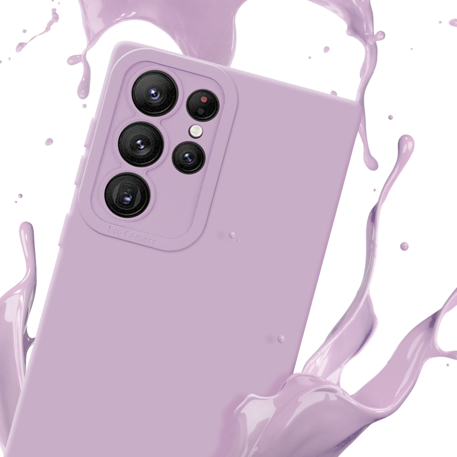 Coque de téléphone violette avec zone d'objectif de caméra et éclaboussure de liquide violet sur fond blanc.