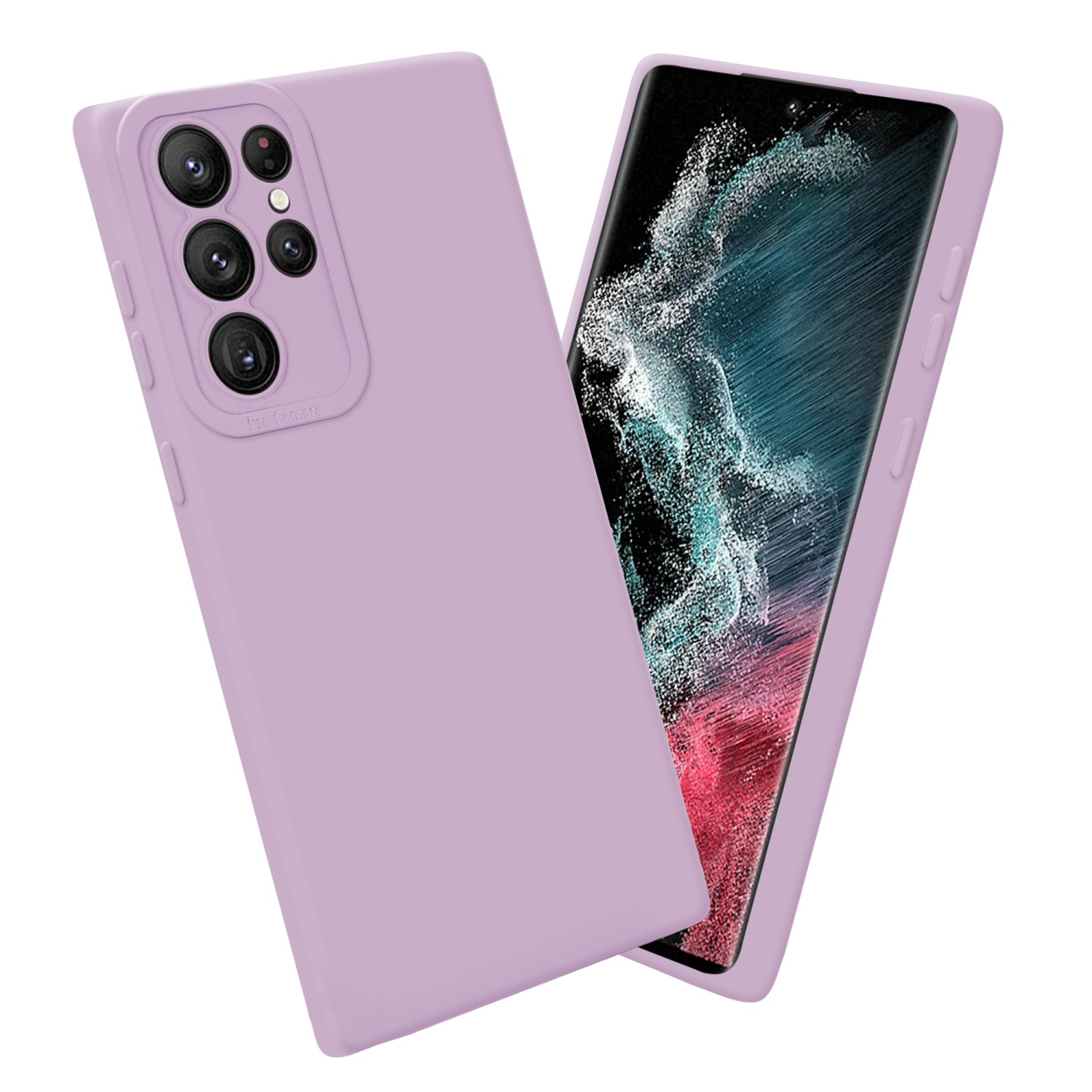 Deux étuis de téléphone violets. L'un contient un téléphone avec un écran noir.