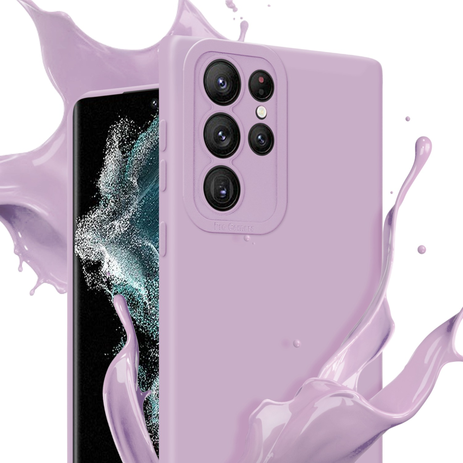 Coque de téléphone lilas avec plusieurs caméras et éclaboussures de peinture.