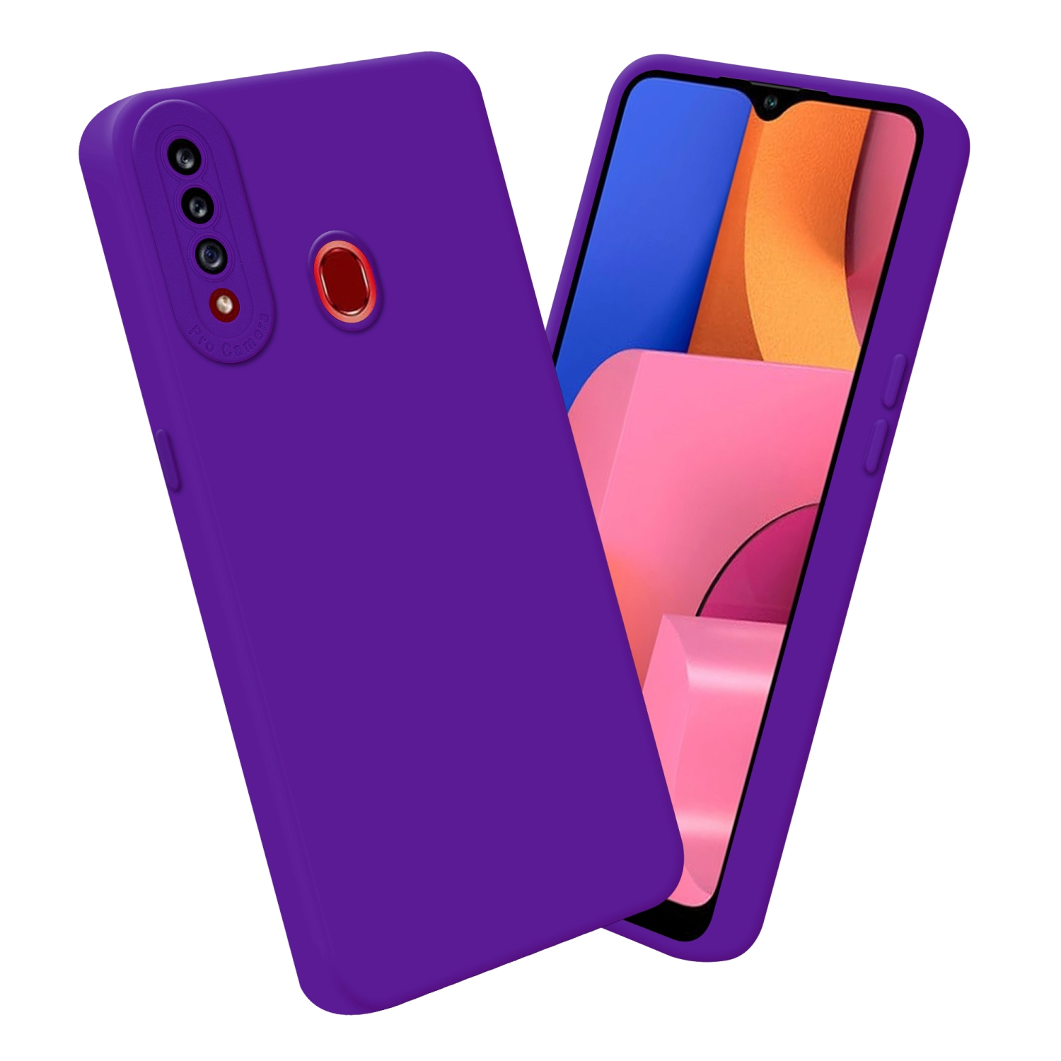Custodia per telefono viola con sporgenza fotocamera, vista frontale.