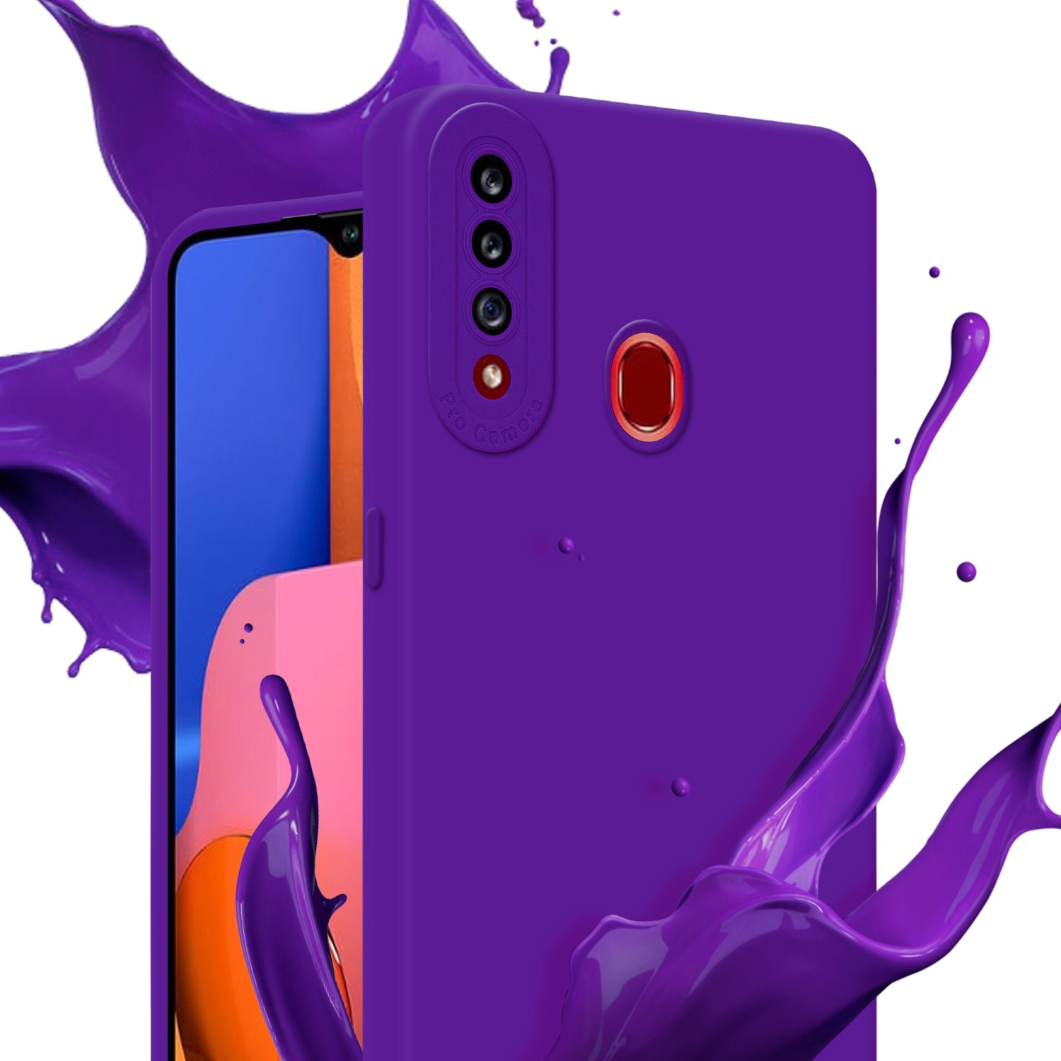 Una custodia per telefono viola con fotocamera pro è mostrata con schizzi di vernice viola e un telefono.
