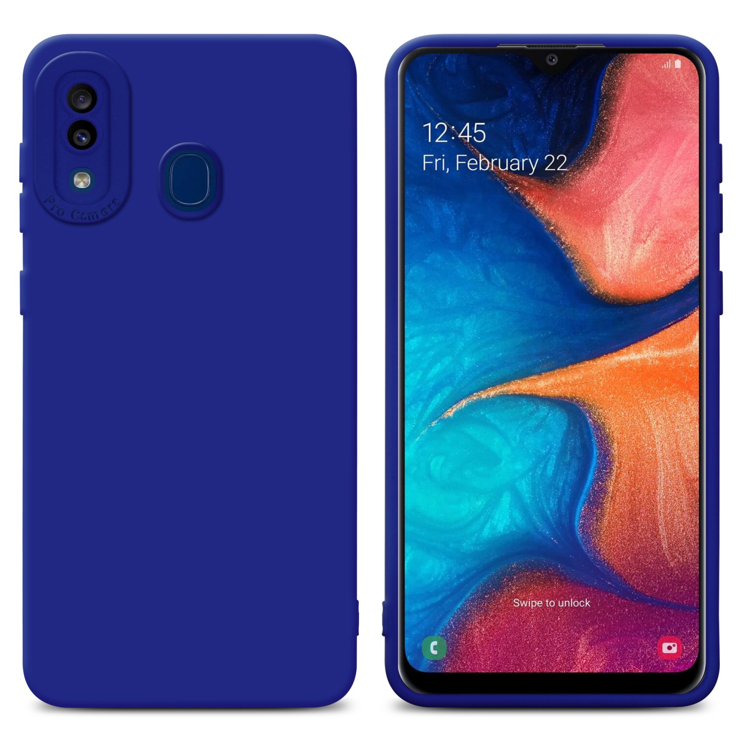 Custodia blu per telefono che mostra schermo e fotocamera, con data e ora.