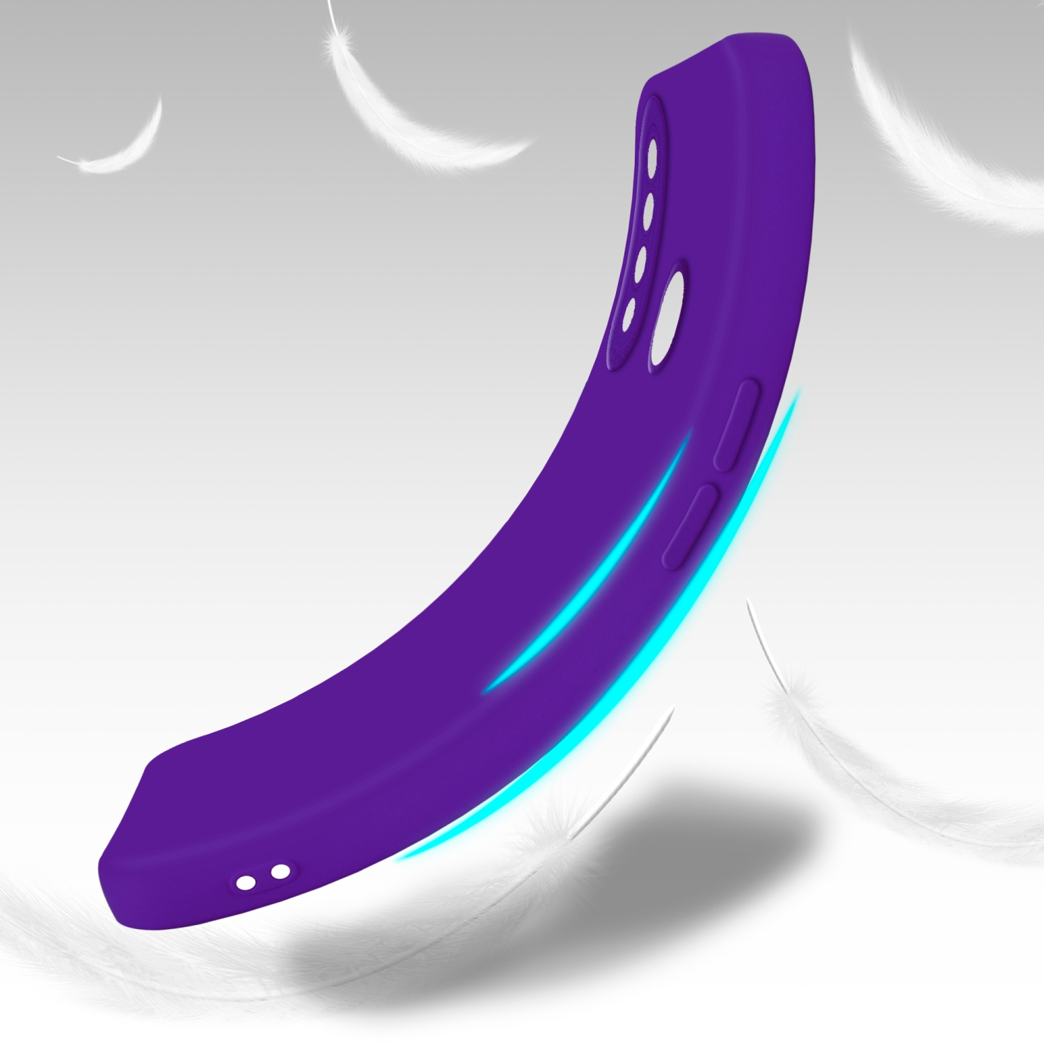 Custodia viola con design curvo e piume sullo sfondo. Pulsanti sul lato.
