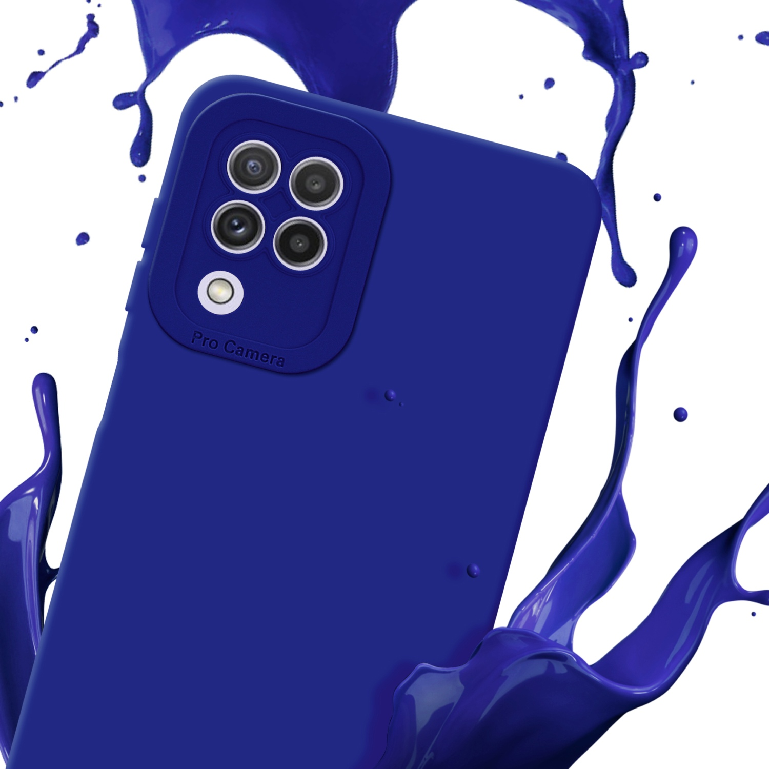 Custodia per telefono blu con schizzi di vernice blu. La custodia ha un rilievo per la fotocamera.